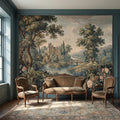 French Chateau Peel and Stick Wall Mural, Vintage River Landscape, Antique Scenic Garden, Romantic Old World Wallpaper