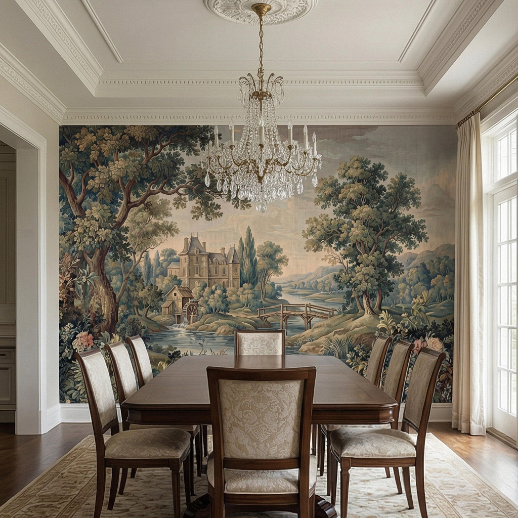 French Chateau Peel and Stick Wall Mural, Vintage River Landscape, Antique Scenic Garden, Romantic Old World Wallpaper