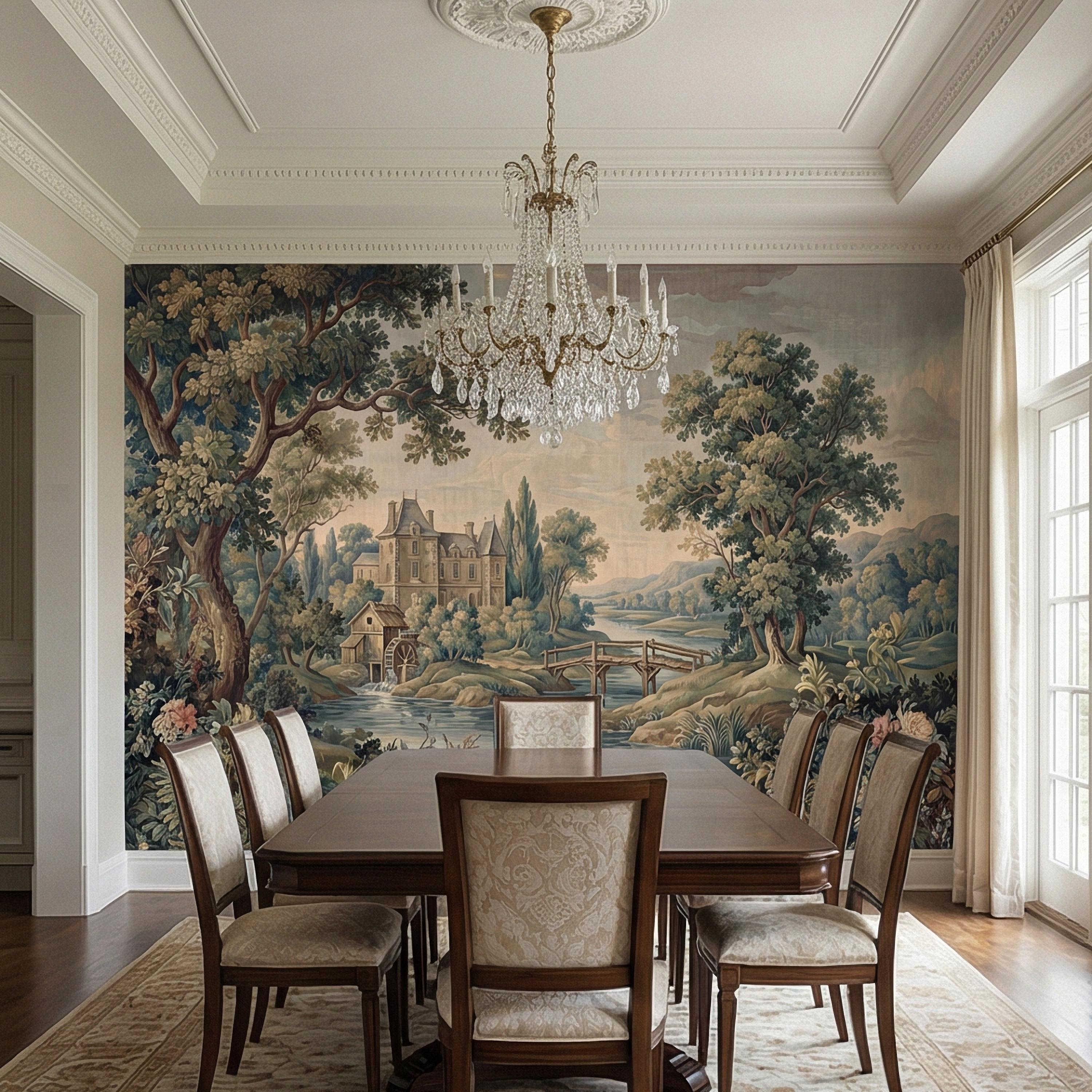 French Chateau Peel and Stick Wall Mural, Vintage River Landscape, Antique Scenic Garden, Romantic Old World Wallpaper