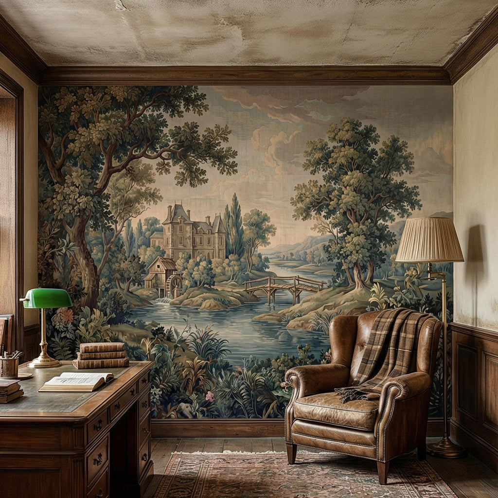 French Chateau Peel and Stick Wall Mural, Vintage River Landscape, Antique Scenic Garden, Romantic Old World Wallpaper