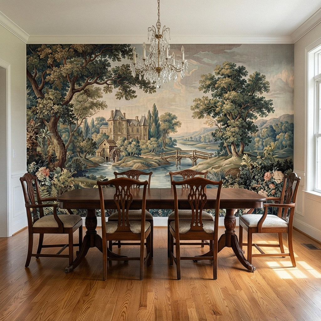 French Chateau Peel and Stick Wall Mural, Vintage River Landscape, Antique Scenic Garden, Romantic Old World Wallpaper
