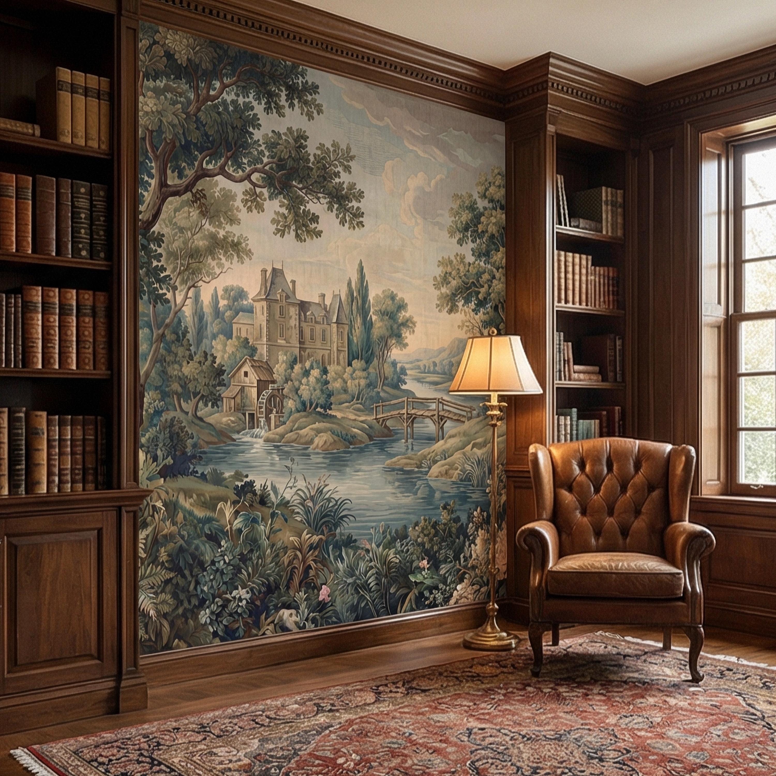 French Chateau Peel and Stick Wall Mural, Vintage River Landscape, Antique Scenic Garden, Romantic Old World Wallpaper