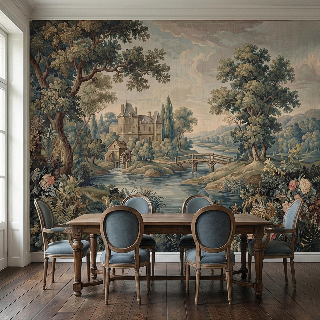 French Chateau Peel and Stick Wall Mural, Vintage River Landscape, Antique Scenic Garden, Romantic Old World Wallpaper