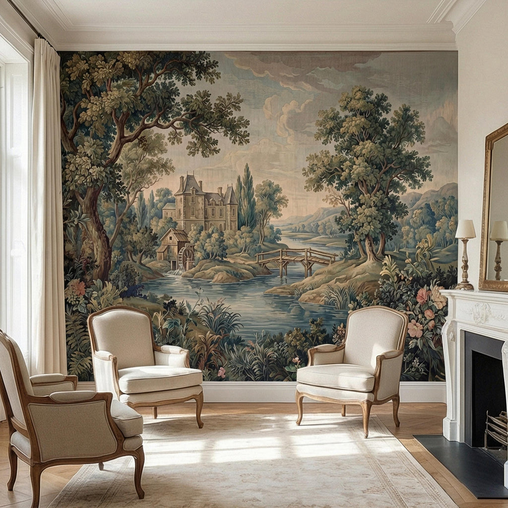 French Chateau Peel and Stick Wall Mural, Vintage River Landscape, Antique Scenic Garden, Romantic Old World Wallpaper