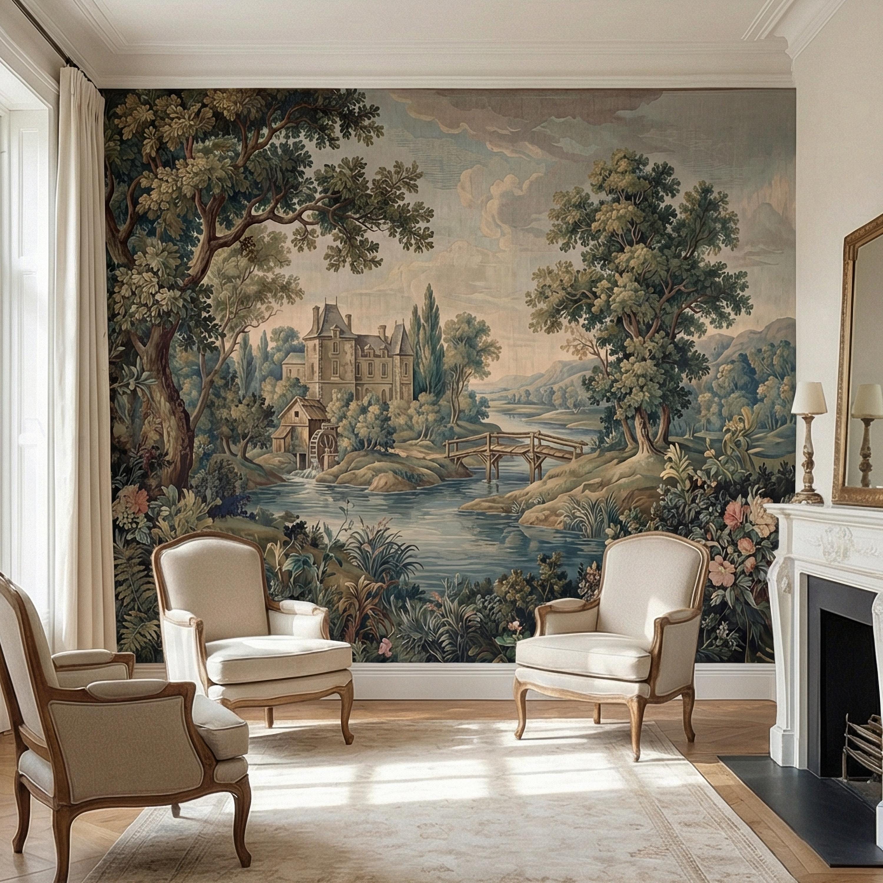 French Chateau Peel and Stick Wall Mural, Vintage River Landscape, Antique Scenic Garden, Romantic Old World Wallpaper