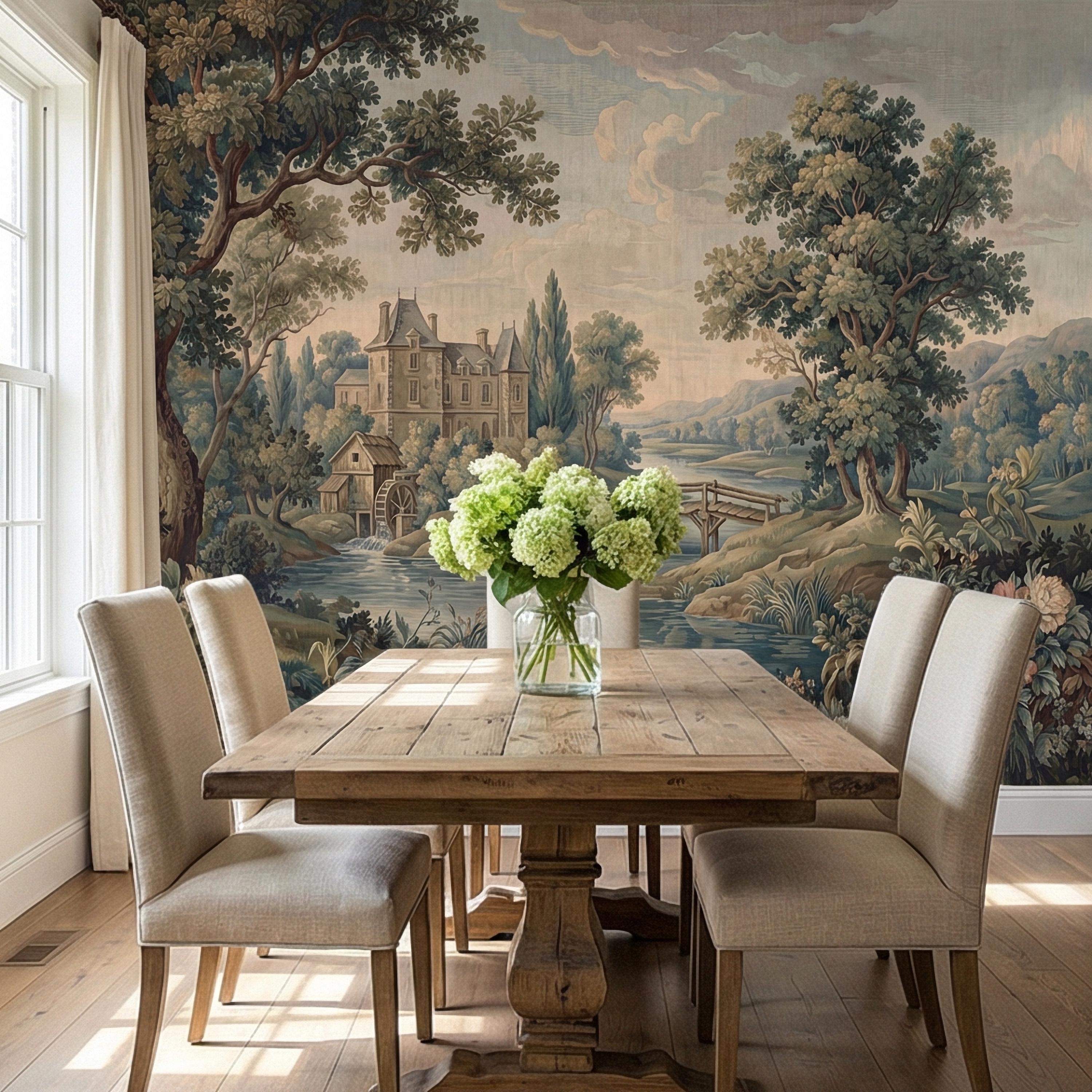 French Chateau Peel and Stick Wall Mural, Vintage River Landscape, Antique Scenic Garden, Romantic Old World Wallpaper