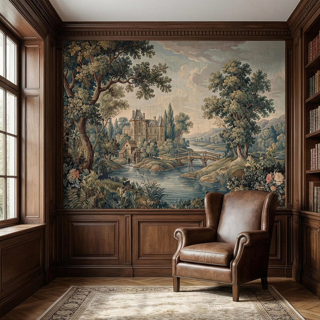 French Chateau Peel and Stick Wall Mural, Vintage River Landscape, Antique Scenic Garden, Romantic Old World Wallpaper