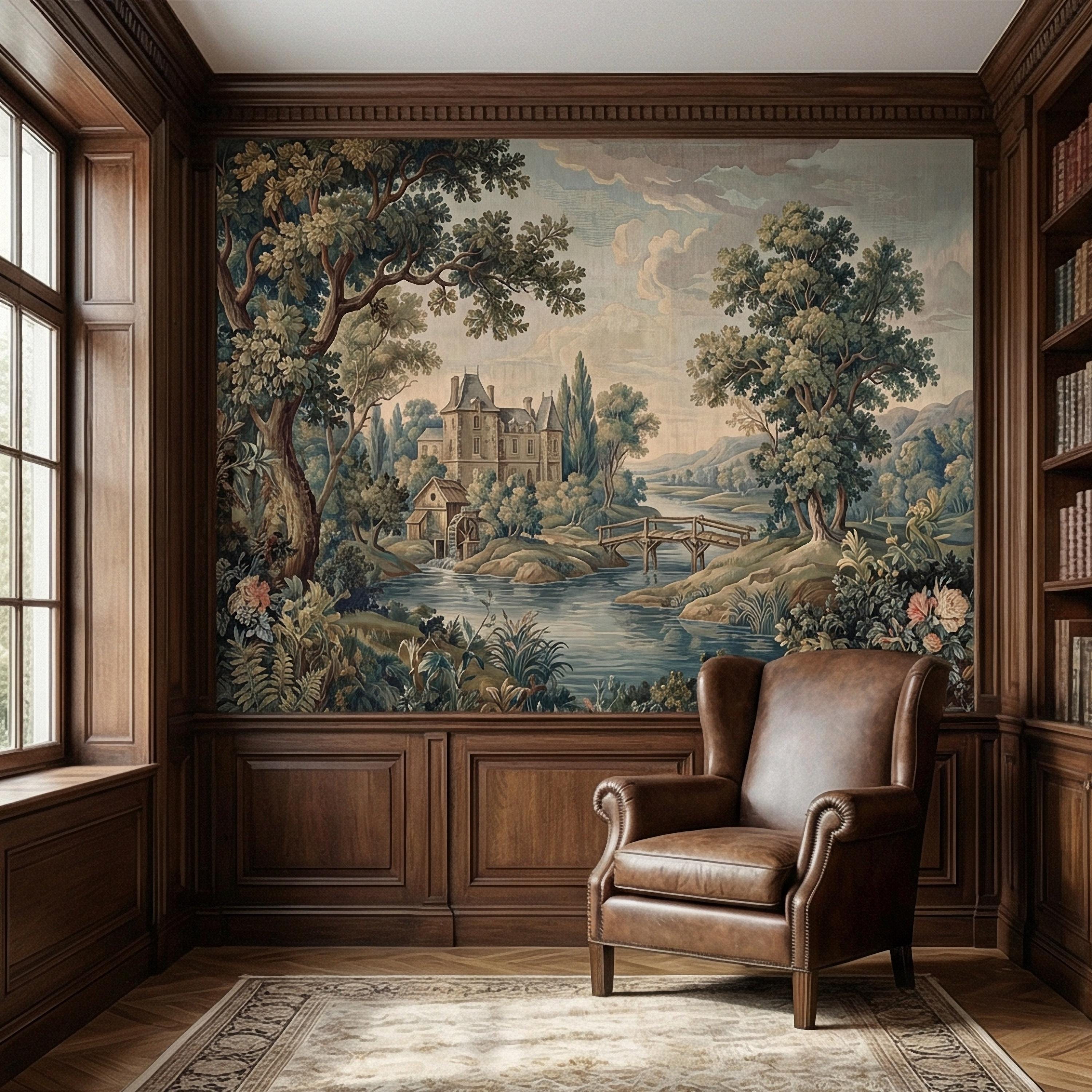 French Chateau Peel and Stick Wall Mural, Vintage River Landscape, Antique Scenic Garden, Romantic Old World Wallpaper