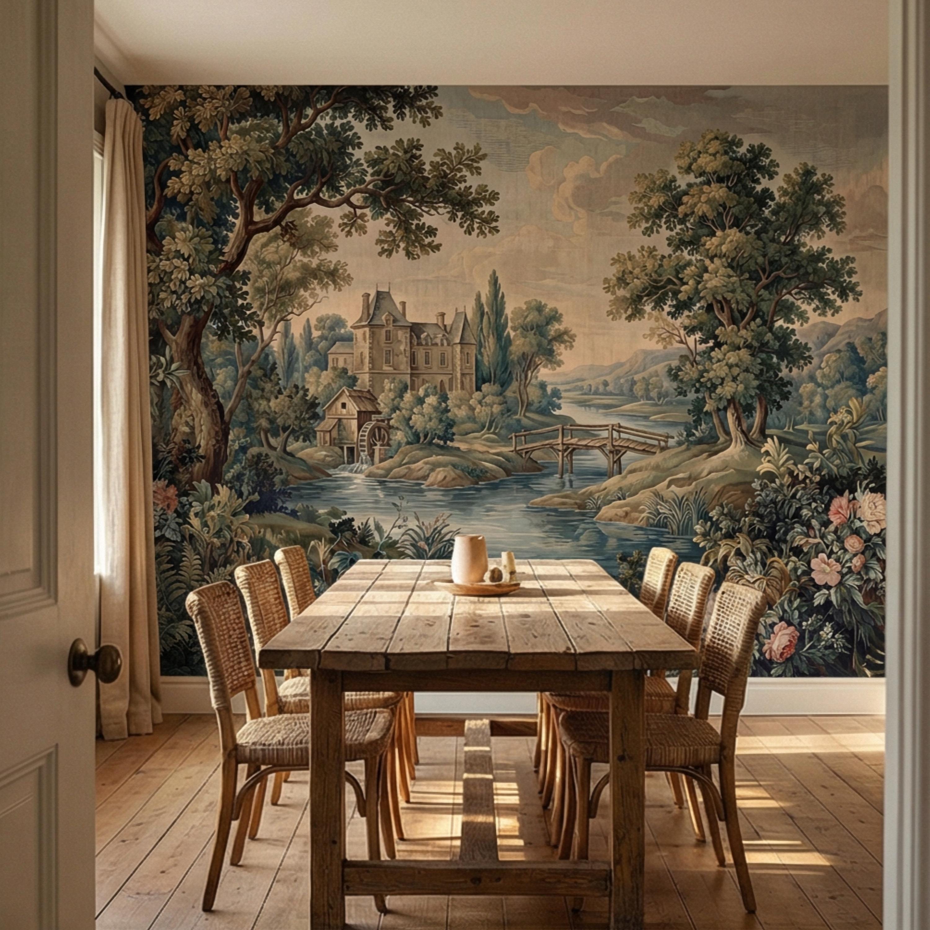French Chateau Peel and Stick Wall Mural, Vintage River Landscape, Antique Scenic Garden, Romantic Old World Wallpaper