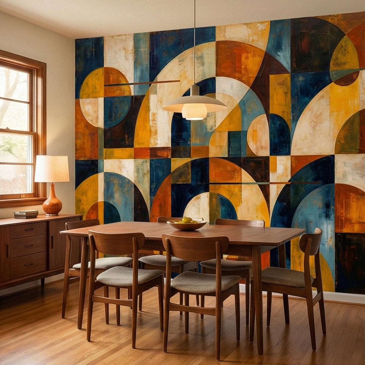 Abstract geometric arched-circle wall mural in teal, navy, mustard, and cream with grid accents