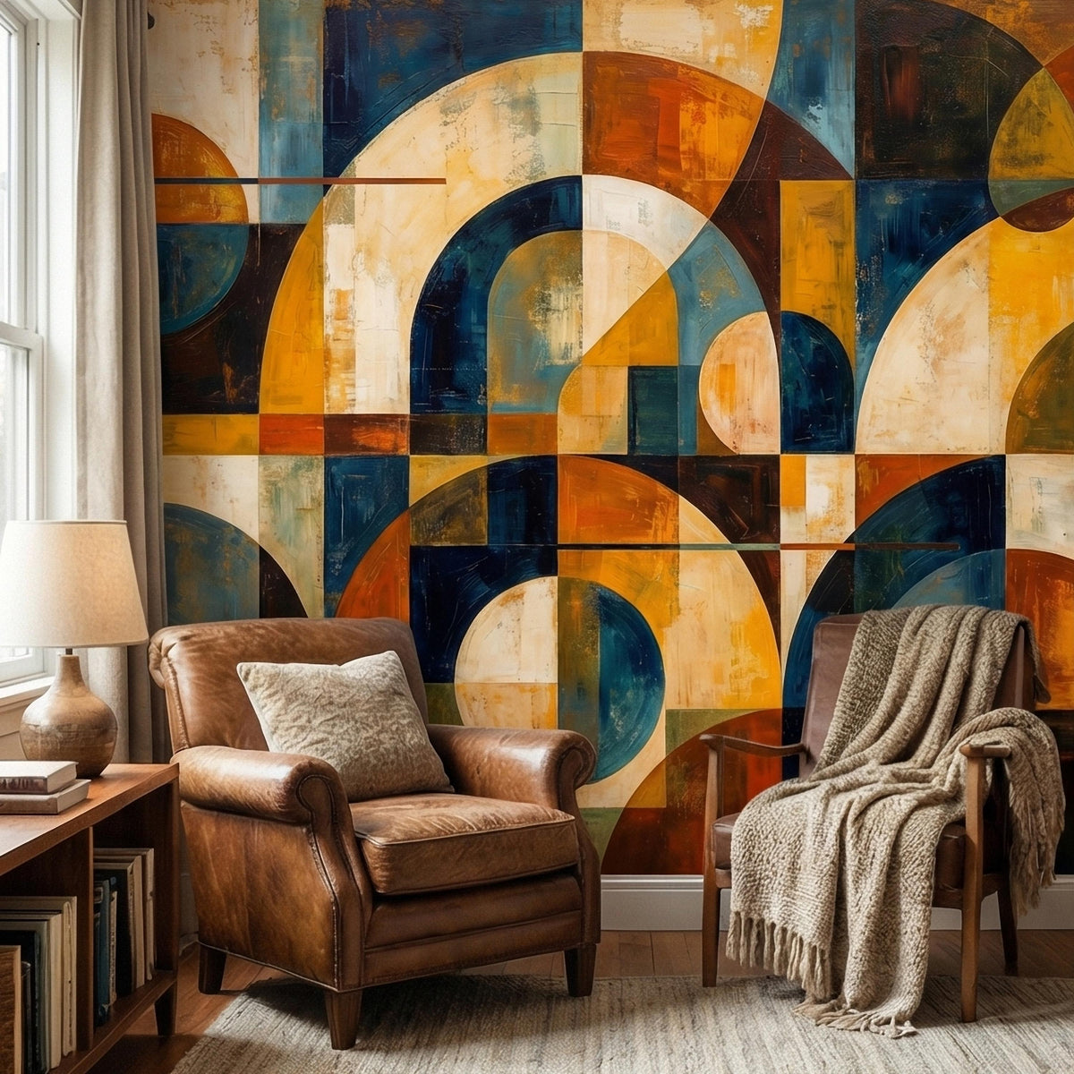 Colorful abstract arched-circle wall mural with blocky grid lines in navy, teal, and mustard