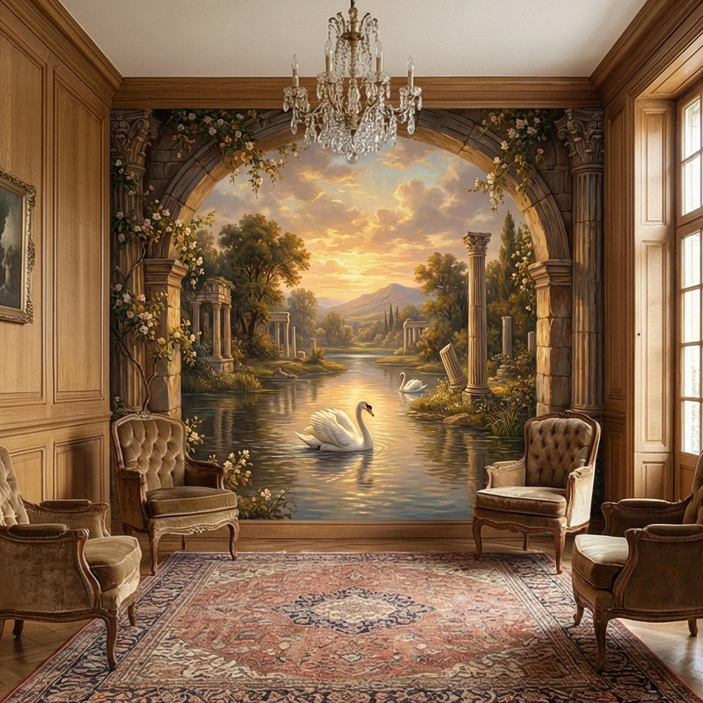 Swan Peel and Stick Wall Mural, Romantic Ruins Landscape, Sunset Lake Archway, Classical Garden Nature Wallpaper