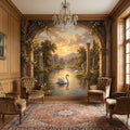Swan Peel and Stick Wall Mural, Romantic Ruins Landscape, Sunset Lake Archway, Classical Garden Nature Wallpaper