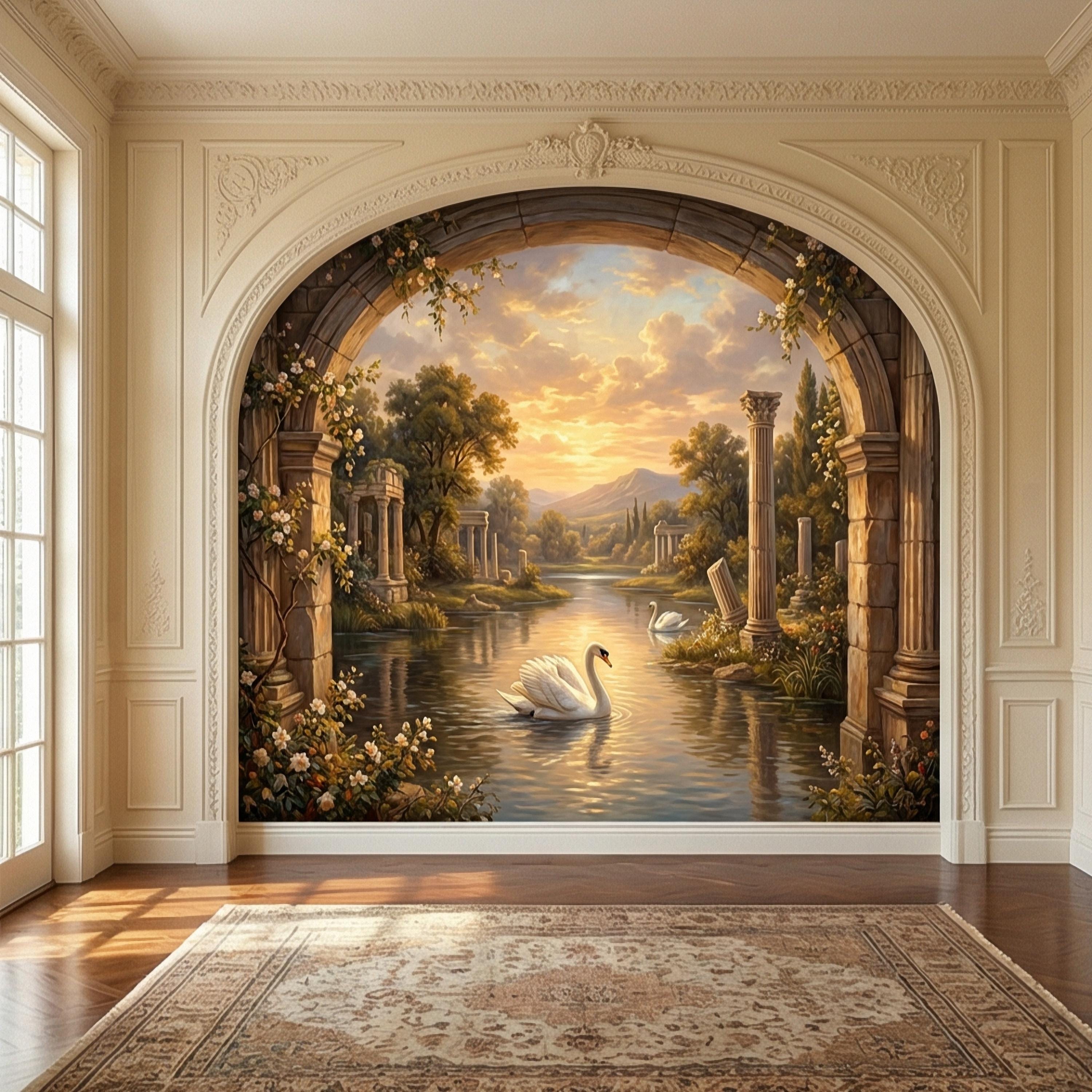 Swan Peel and Stick Wall Mural, Romantic Ruins Landscape, Sunset Lake Archway, Classical Garden Nature Wallpaper