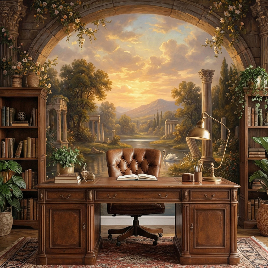 Swan Peel and Stick Wall Mural, Romantic Ruins Landscape, Sunset Lake Archway, Classical Garden Nature Wallpaper
