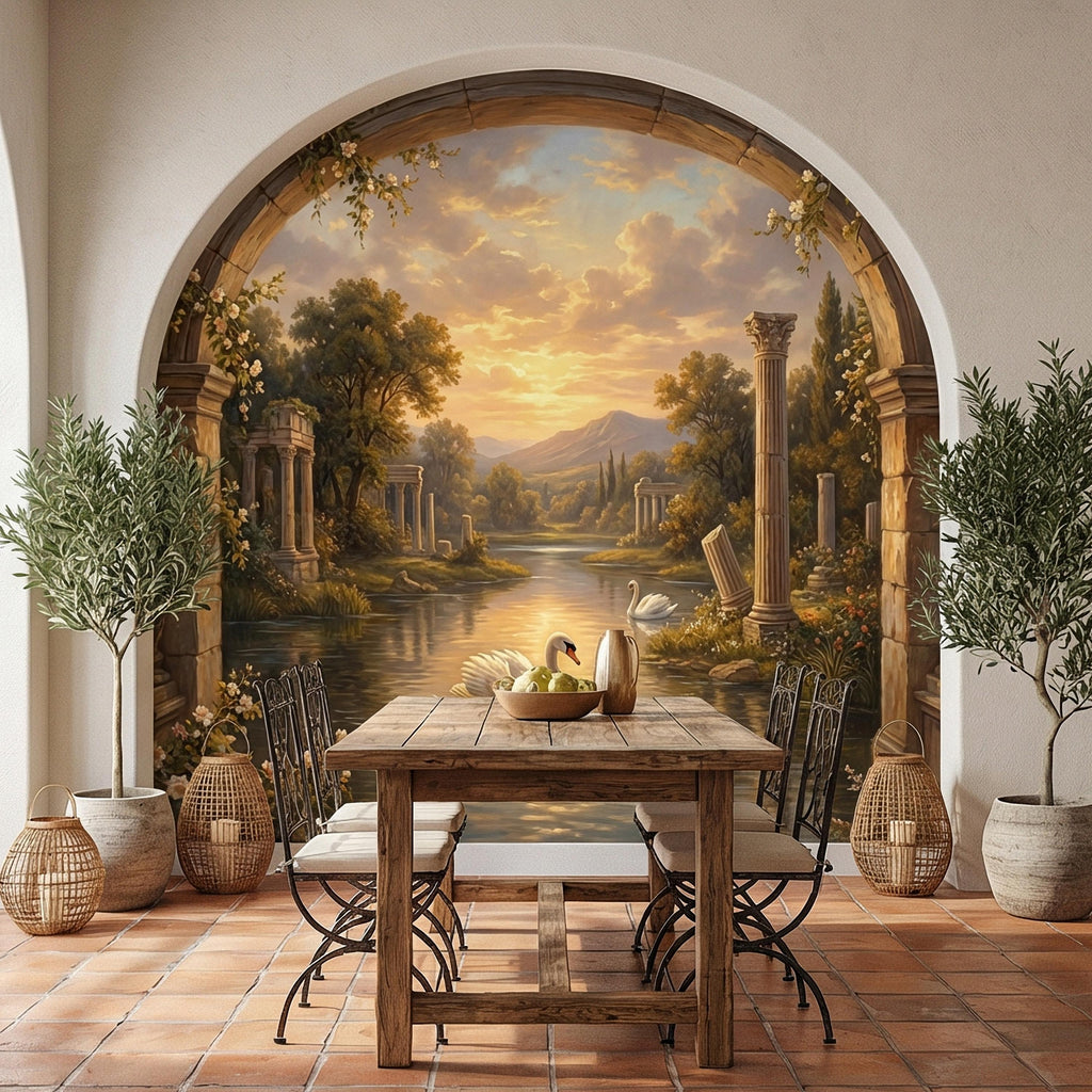 Swan Peel and Stick Wall Mural, Romantic Ruins Landscape, Sunset Lake Archway, Classical Garden Nature Wallpaper