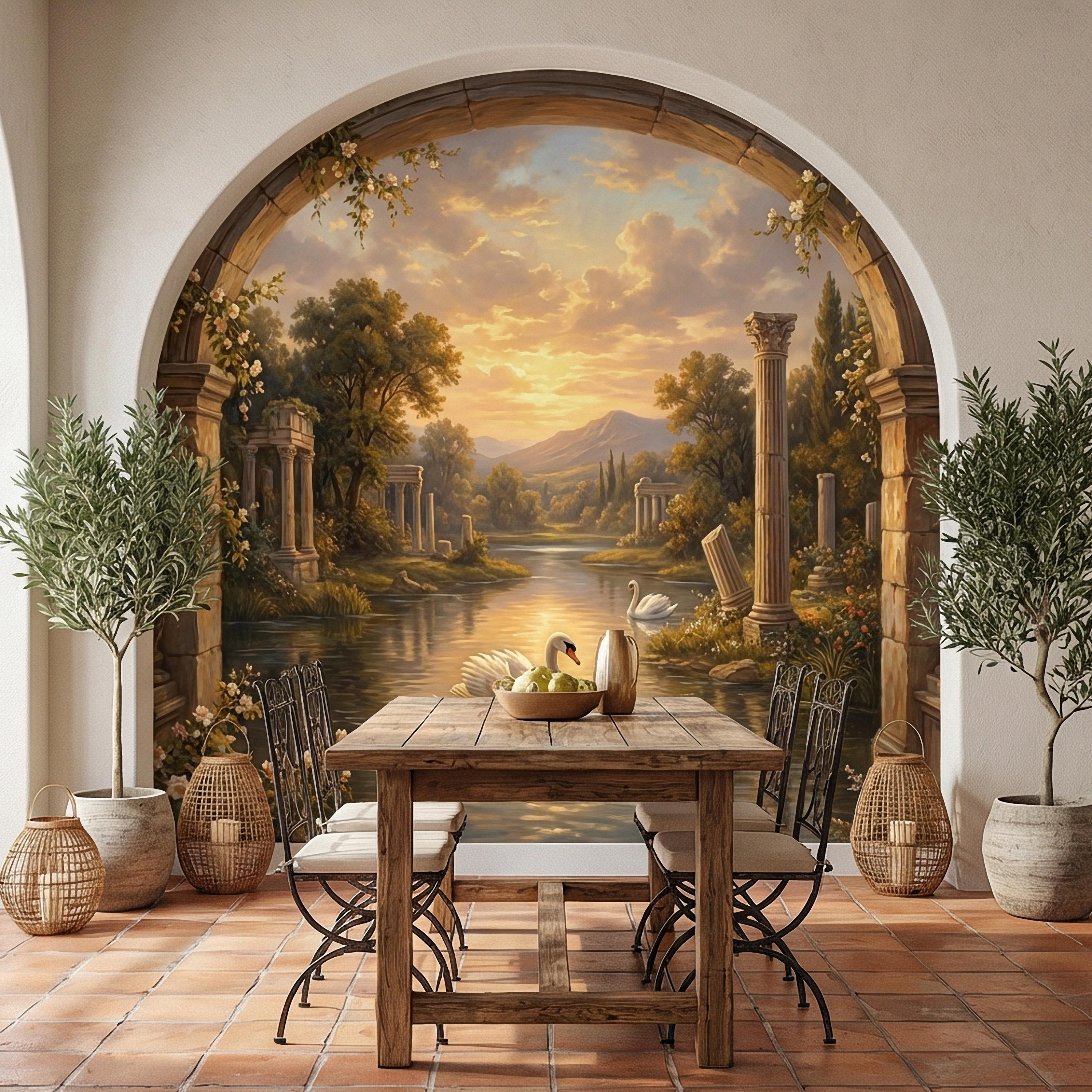 Swan Peel and Stick Wall Mural, Romantic Ruins Landscape, Sunset Lake Archway, Classical Garden Nature Wallpaper