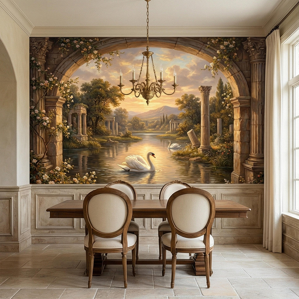 Swan Peel and Stick Wall Mural, Romantic Ruins Landscape, Sunset Lake Archway, Classical Garden Nature Wallpaper
