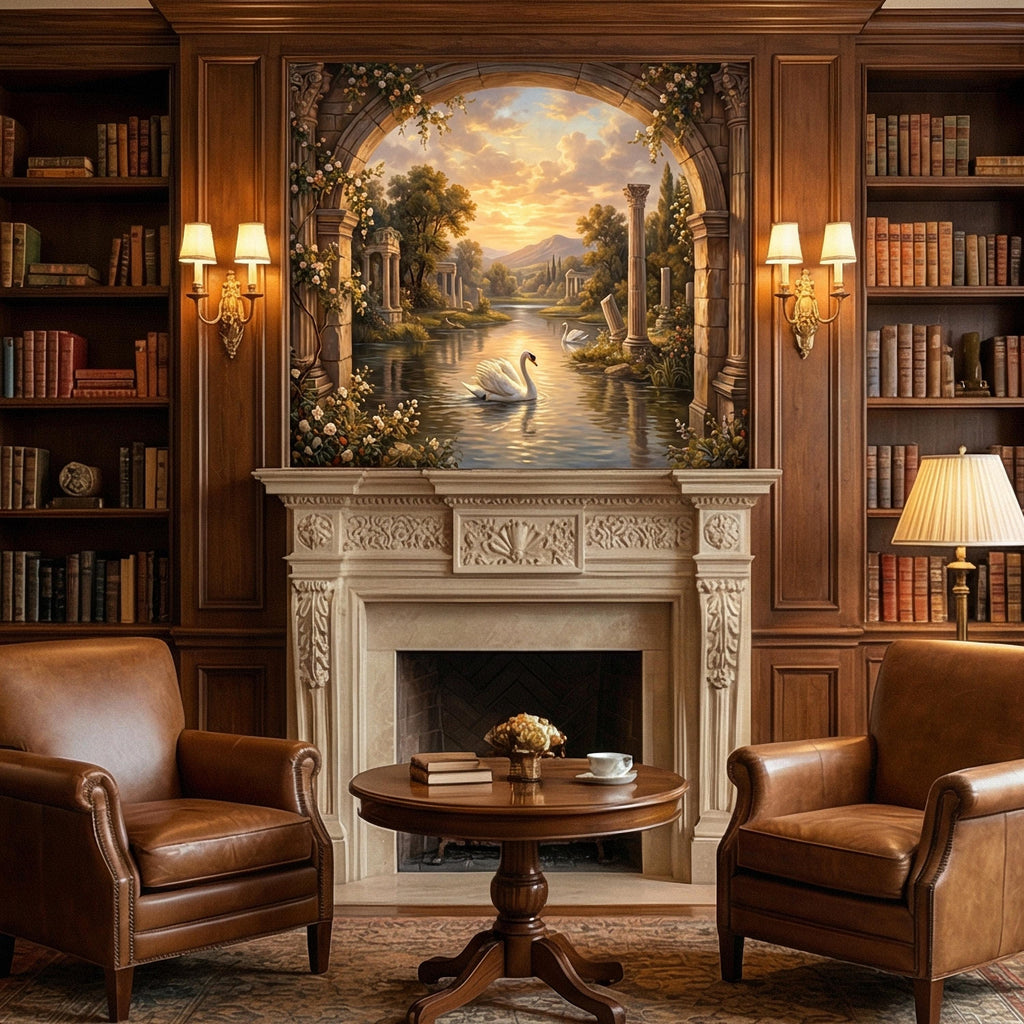 Swan Peel and Stick Wall Mural, Romantic Ruins Landscape, Sunset Lake Archway, Classical Garden Nature Wallpaper