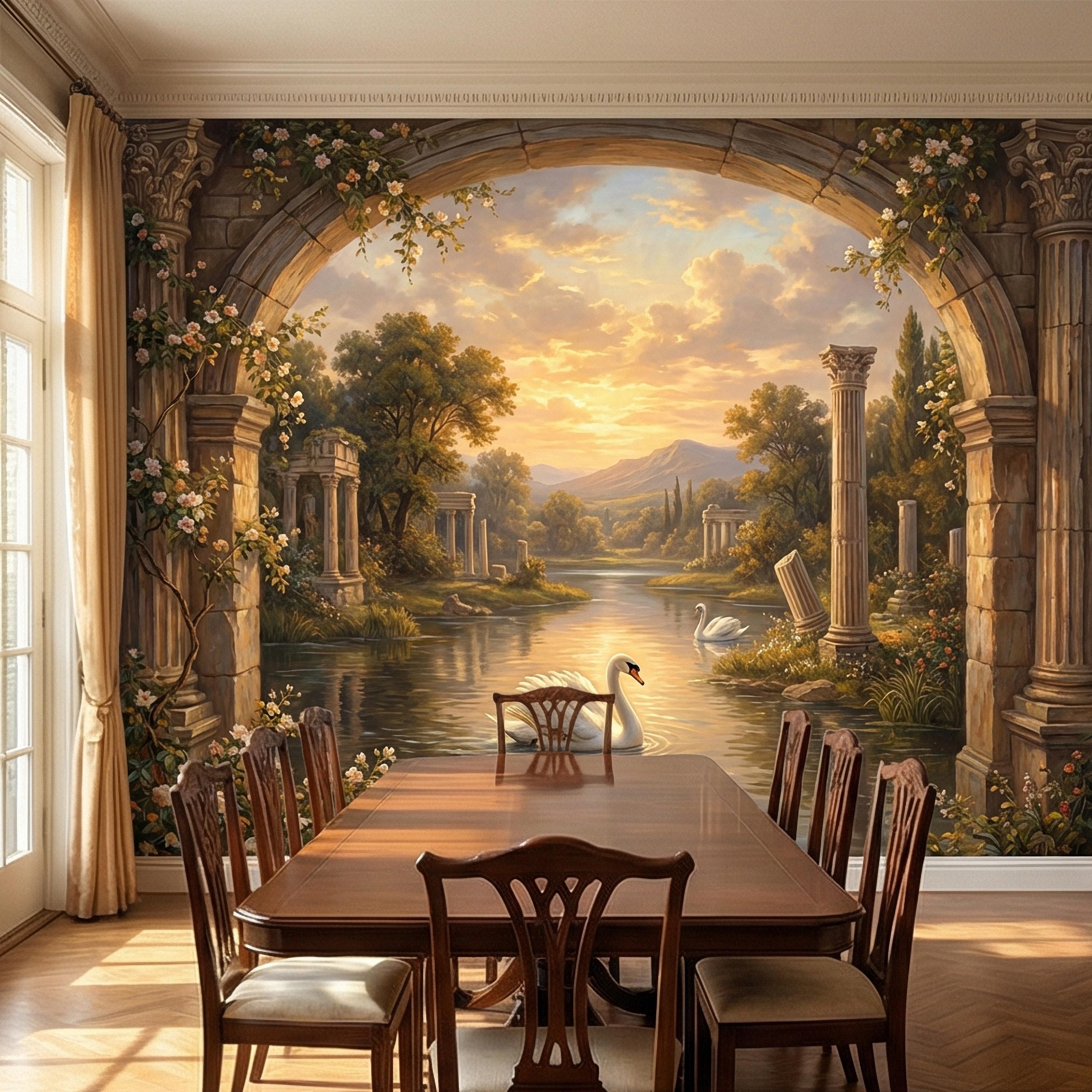 Swan Peel and Stick Wall Mural, Romantic Ruins Landscape, Sunset Lake Archway, Classical Garden Nature Wallpaper
