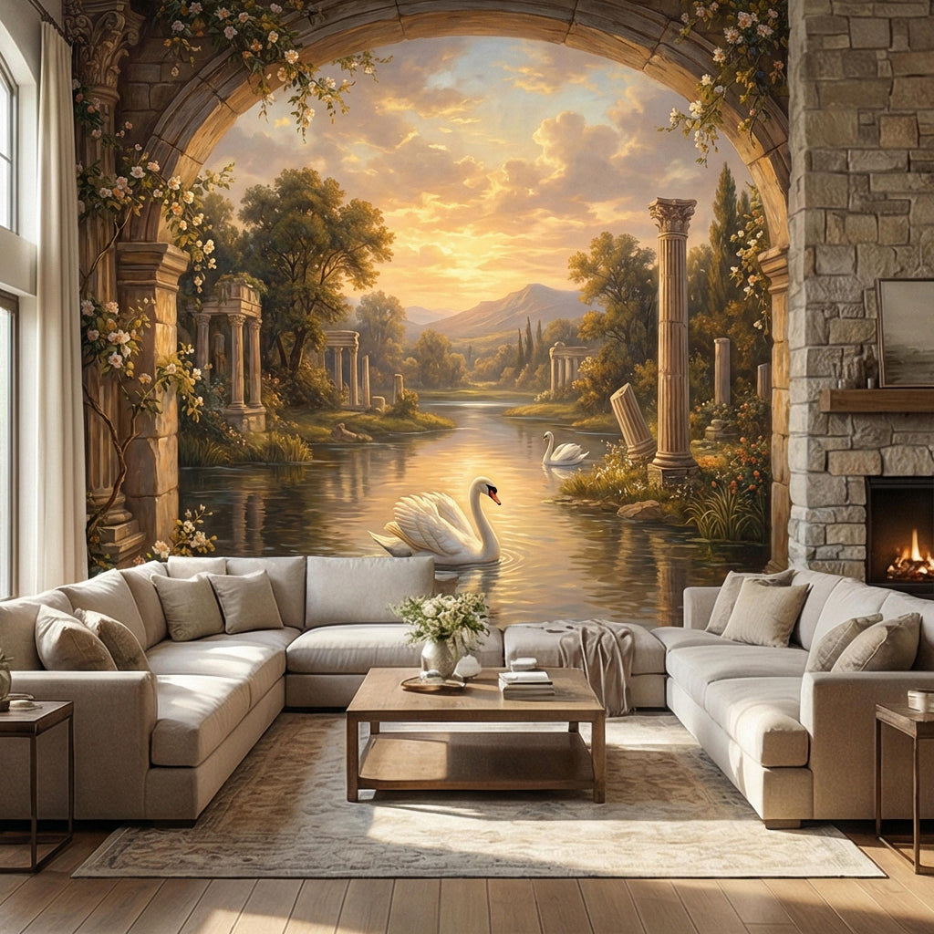 Swan Peel and Stick Wall Mural, Romantic Ruins Landscape, Sunset Lake Archway, Classical Garden Nature Wallpaper