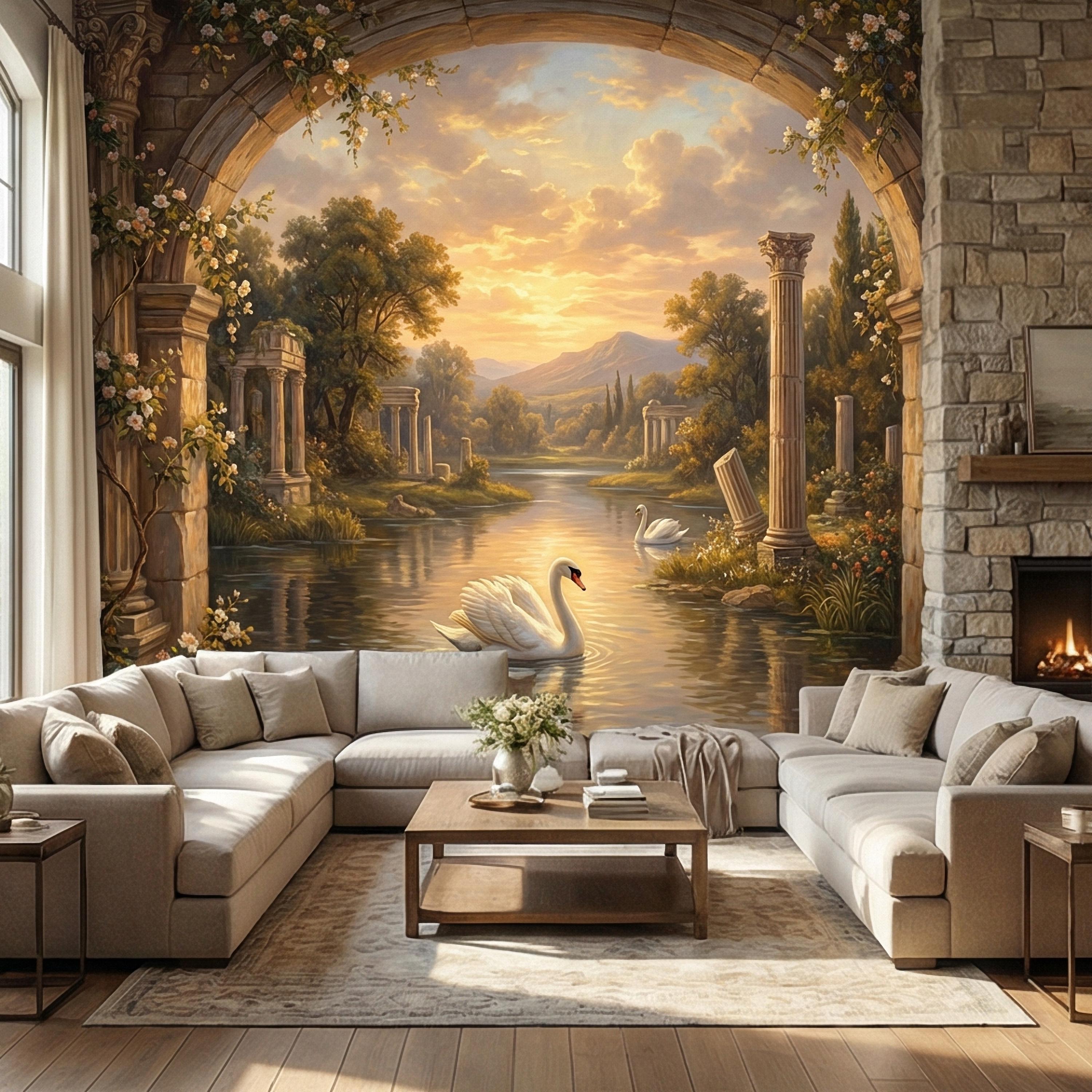 Swan Peel and Stick Wall Mural, Romantic Ruins Landscape, Sunset Lake Archway, Classical Garden Nature Wallpaper