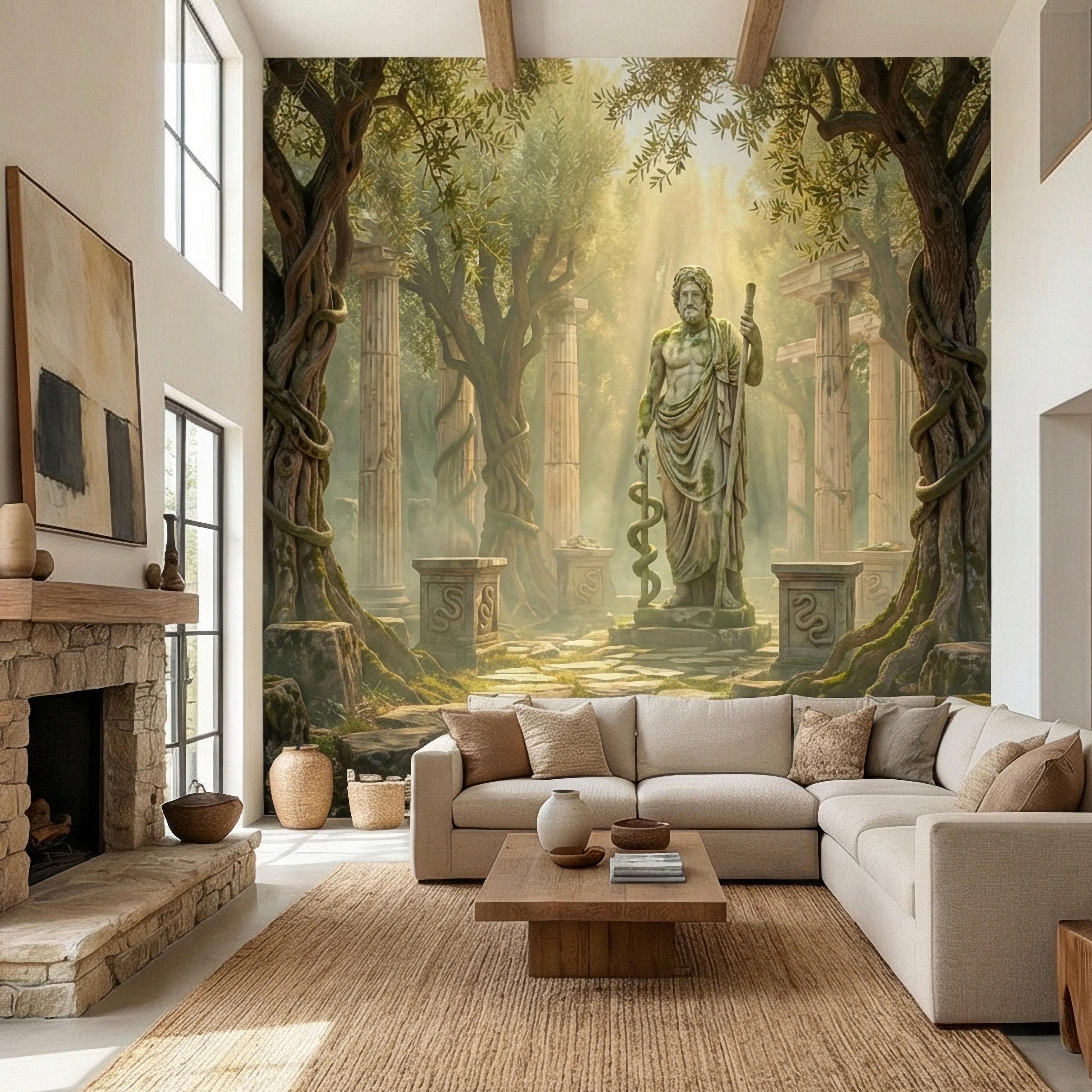 Mythic Statue Peel and Stick Wall Mural, Surreal Ancient Ruins Temple, Abstract Classical Fantasy Art Wallpaper