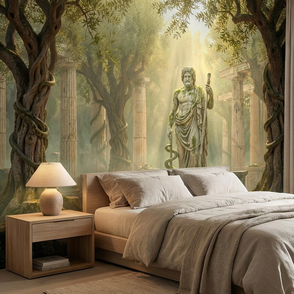 Mythic Statue Peel and Stick Wall Mural, Surreal Ancient Ruins Temple, Abstract Classical Fantasy Art Wallpaper
