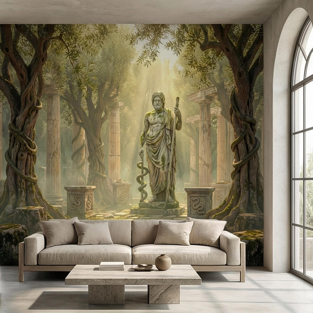 Mythic Statue Peel and Stick Wall Mural, Surreal Ancient Ruins Temple, Abstract Classical Fantasy Art Wallpaper