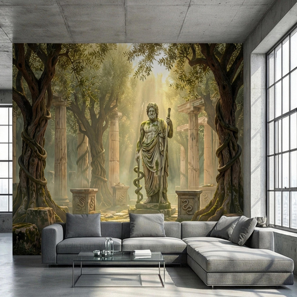 Mythic Statue Peel and Stick Wall Mural, Surreal Ancient Ruins Temple, Abstract Classical Fantasy Art Wallpaper