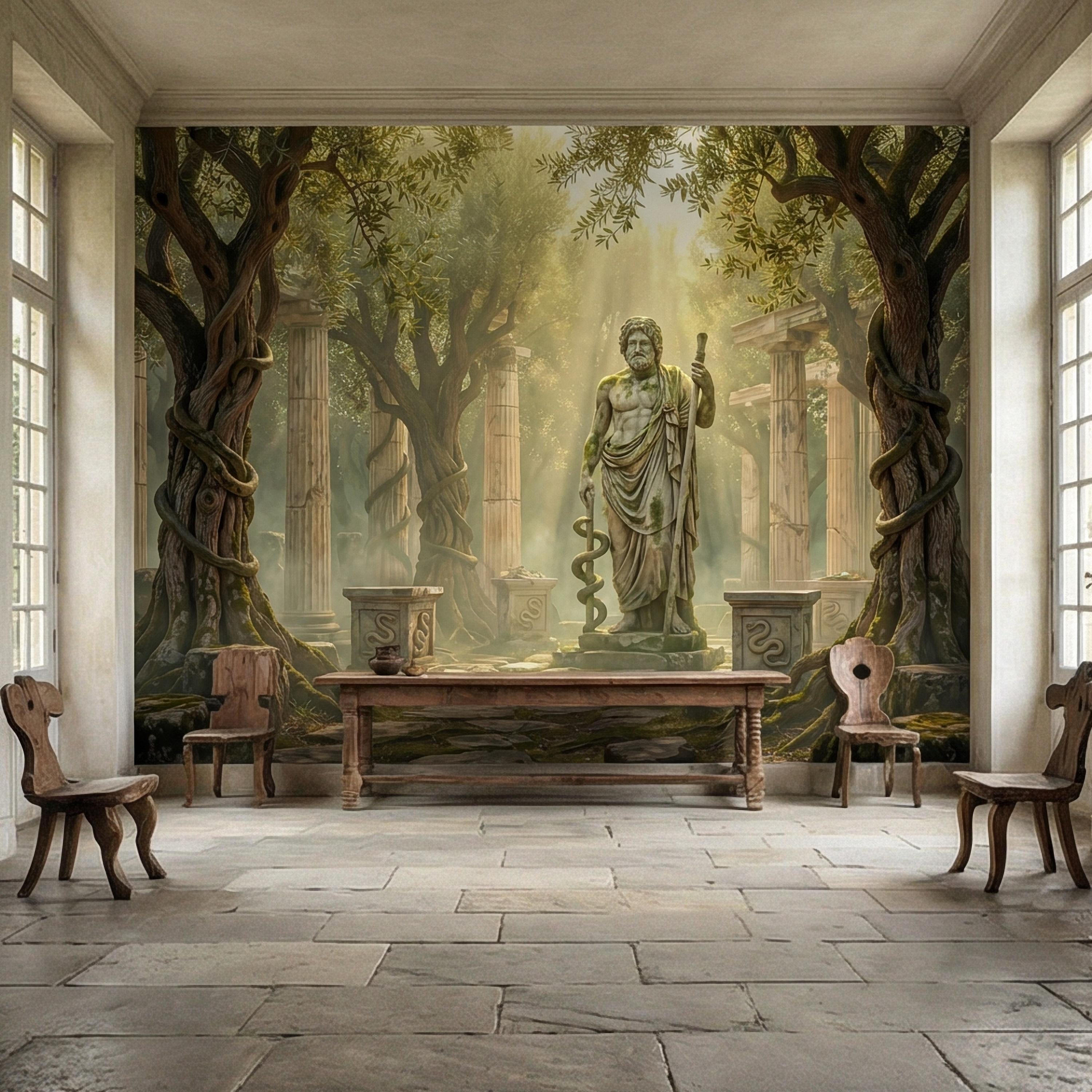 Mythic Statue Peel and Stick Wall Mural, Surreal Ancient Ruins Temple, Abstract Classical Fantasy Art Wallpaper