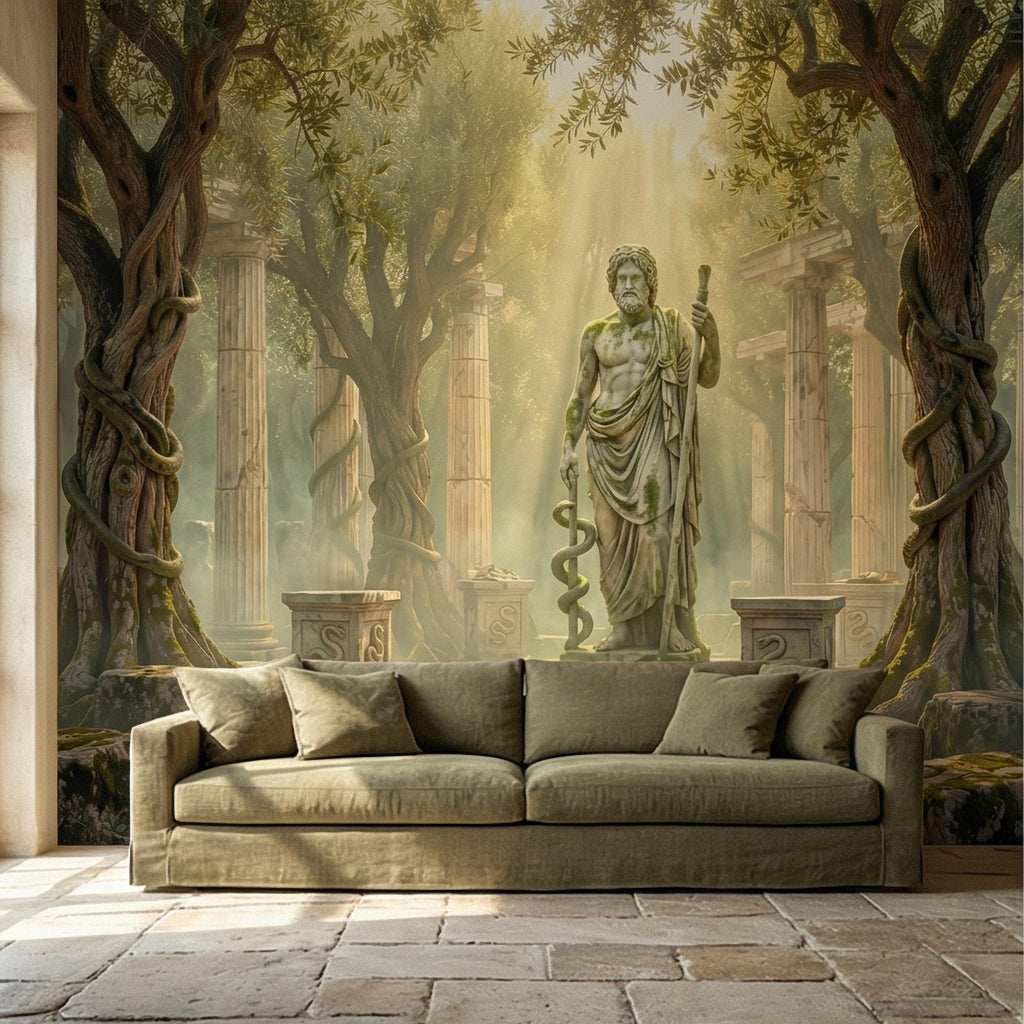 Mythic Statue Peel and Stick Wall Mural, Surreal Ancient Ruins Temple, Abstract Classical Fantasy Art Wallpaper