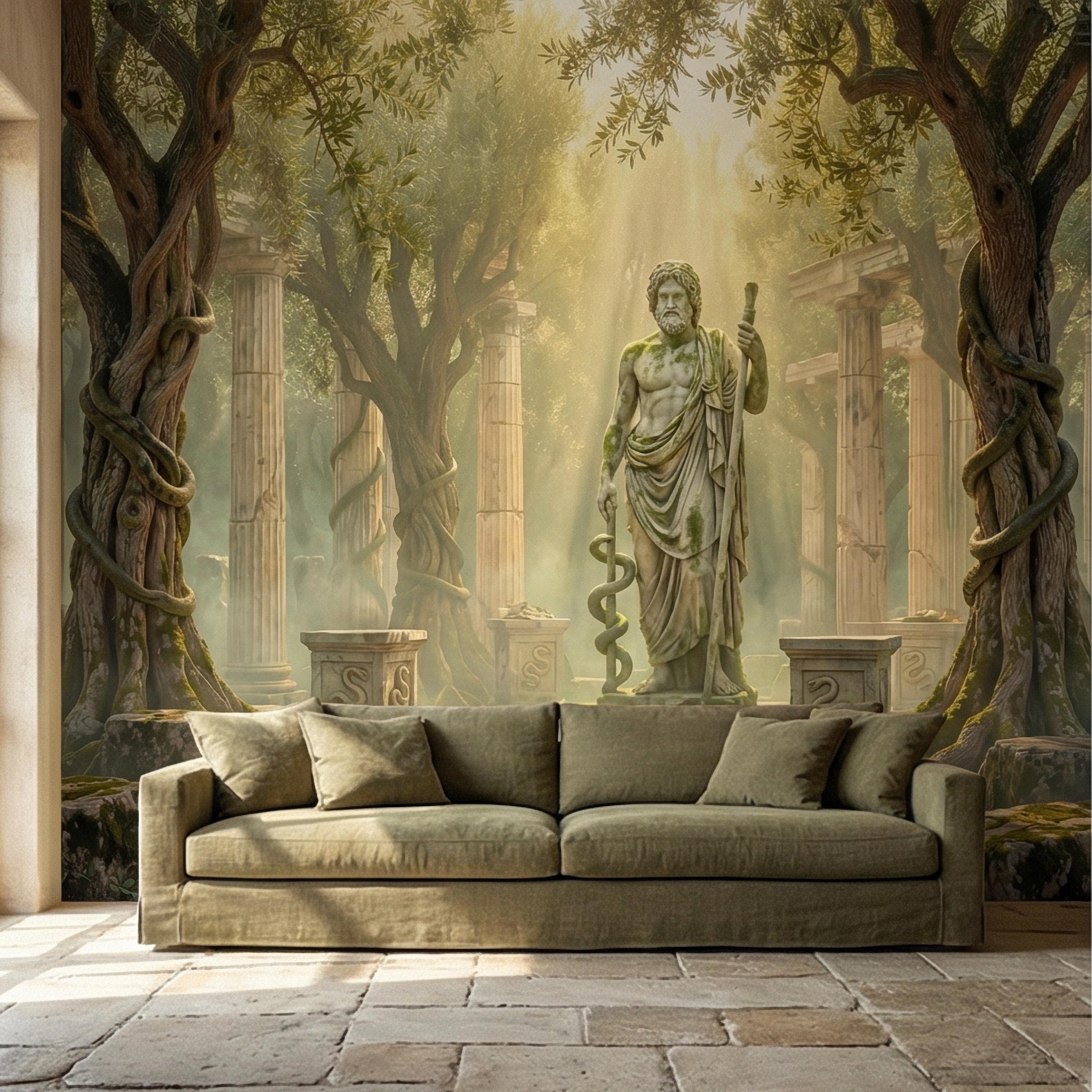Mythic Statue Peel and Stick Wall Mural, Surreal Ancient Ruins Temple, Abstract Classical Fantasy Art Wallpaper