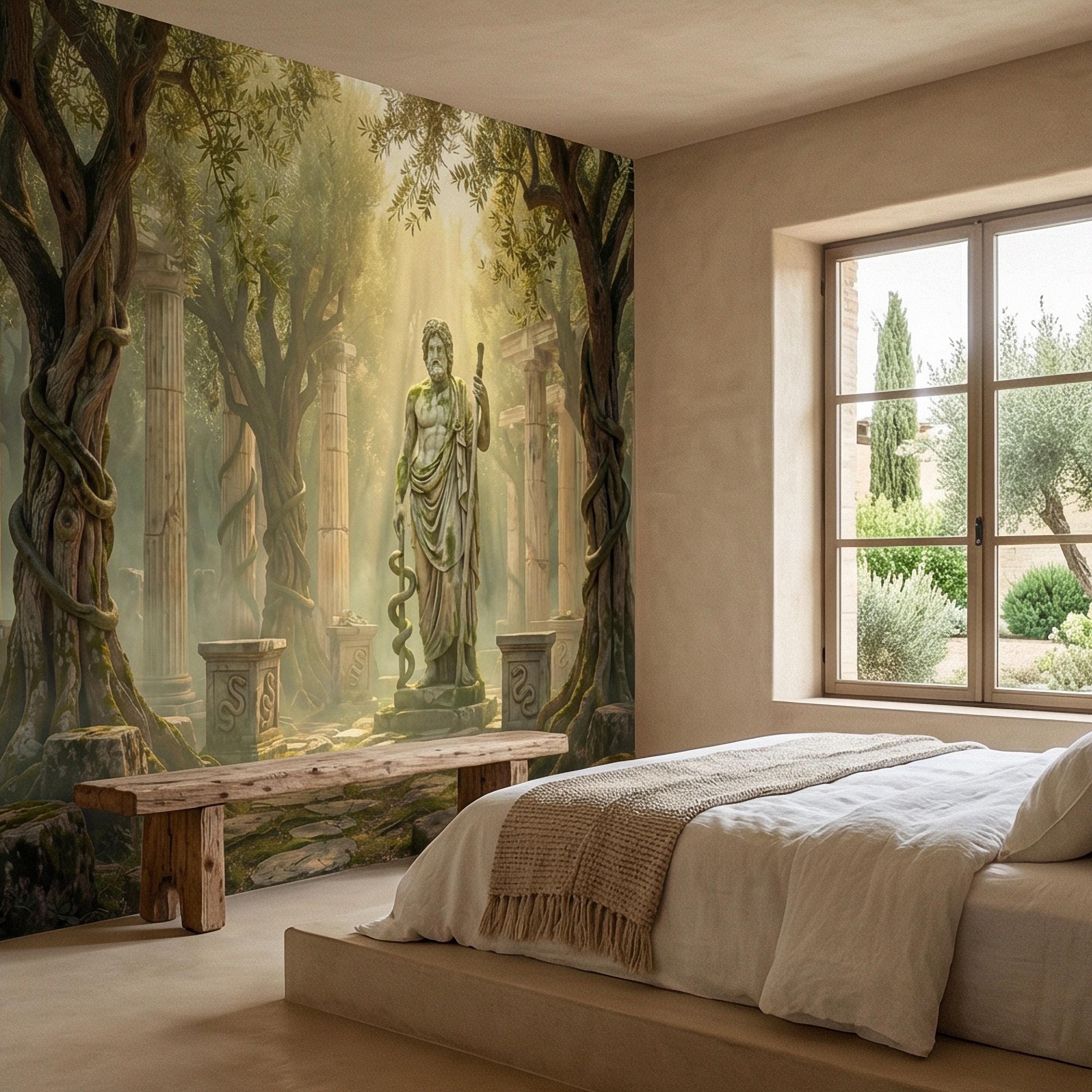 Mythic Statue Peel and Stick Wall Mural, Surreal Ancient Ruins Temple, Abstract Classical Fantasy Art Wallpaper