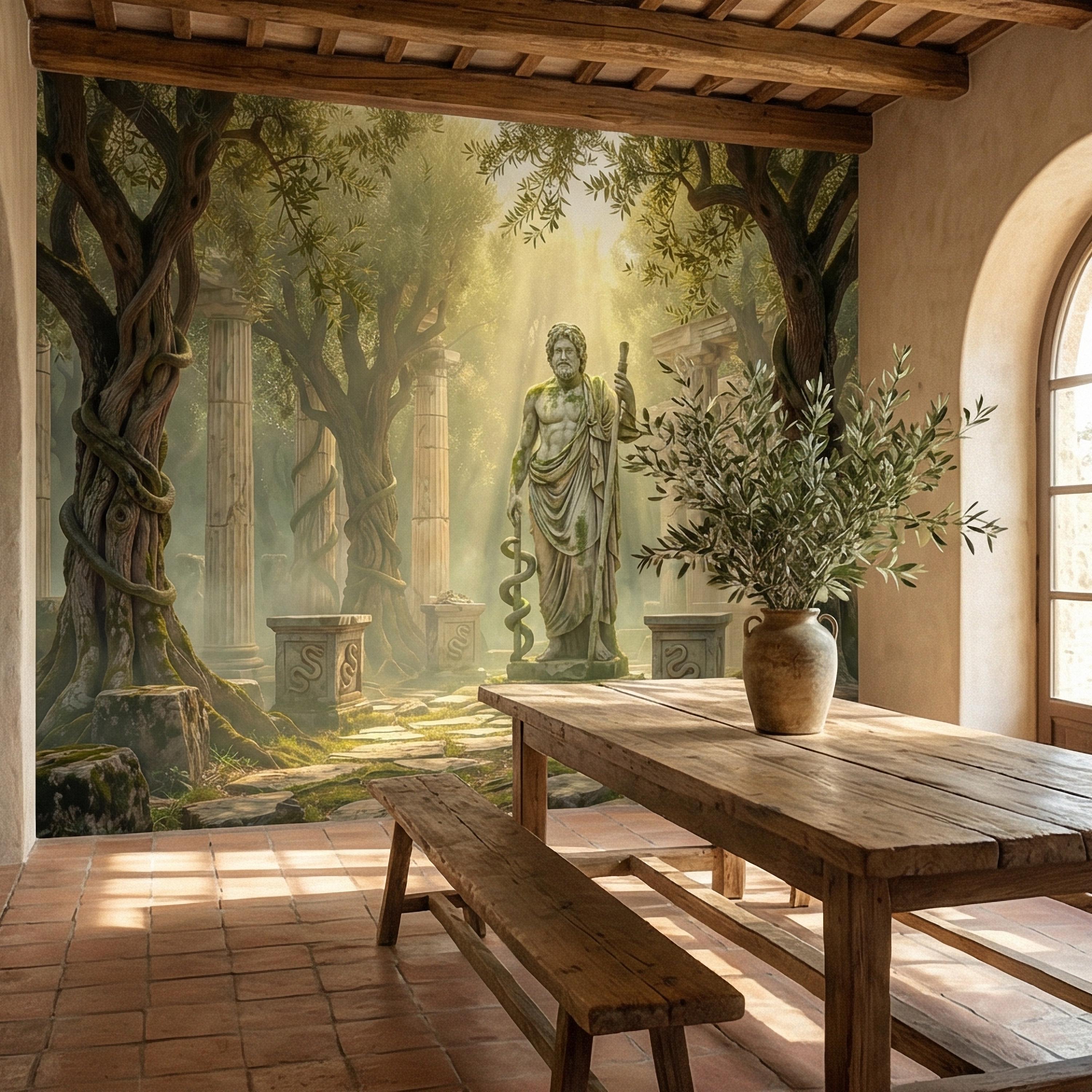 Mythic Statue Peel and Stick Wall Mural, Surreal Ancient Ruins Temple, Abstract Classical Fantasy Art Wallpaper
