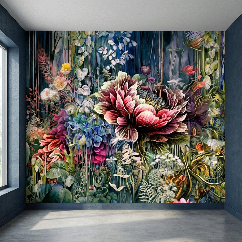 Abstract Floral Peel and Stick Wall Mural, Bold Botanical Bloom, Colorful Artistic Garden, Maximalist Nature Wallpaper