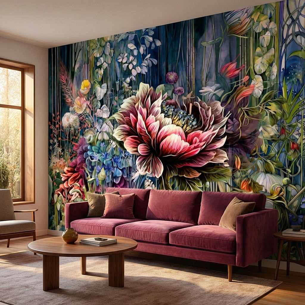 Abstract Floral Peel and Stick Wall Mural, Bold Botanical Bloom, Colorful Artistic Garden, Maximalist Nature Wallpaper