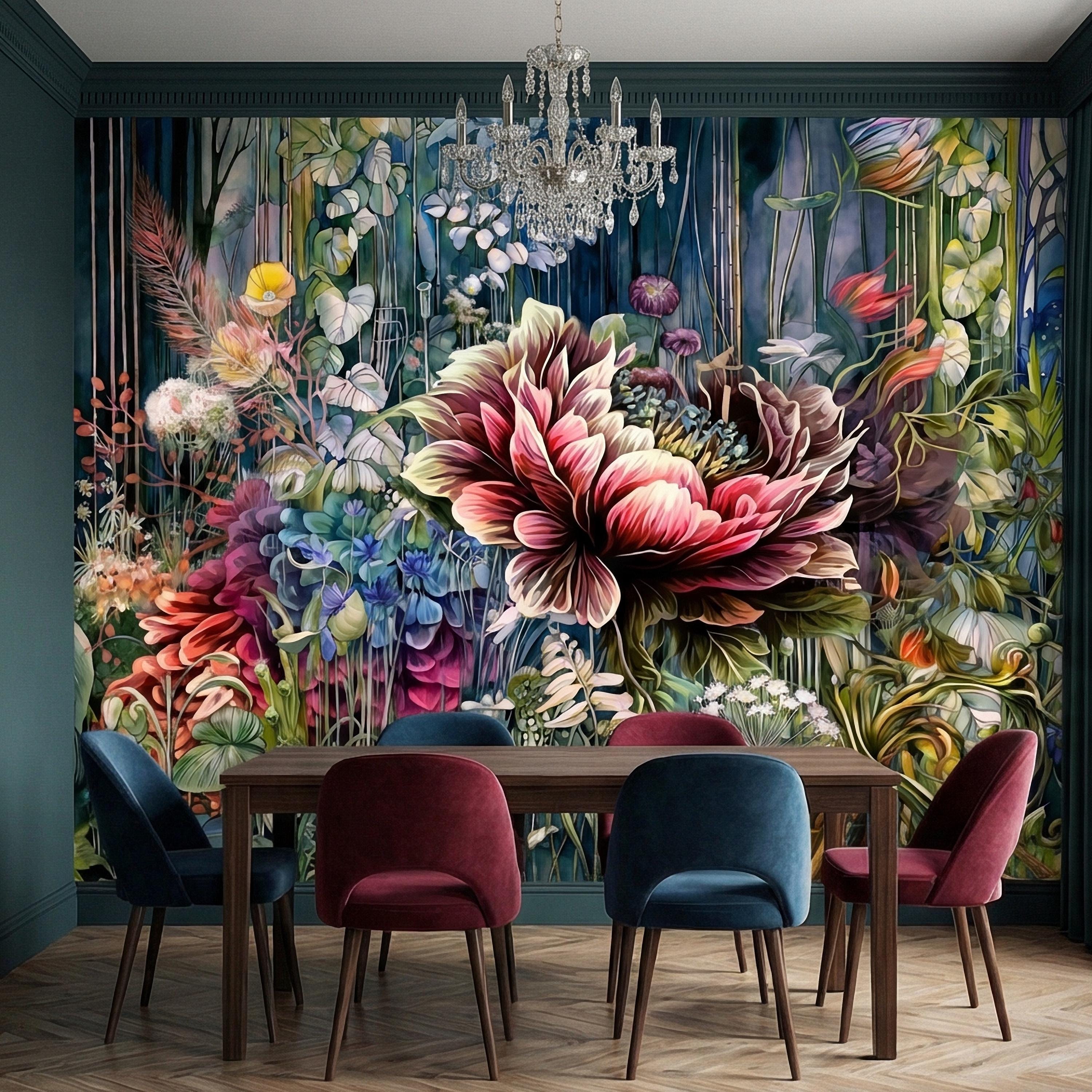 Abstract Floral Peel and Stick Wall Mural, Bold Botanical Bloom, Colorful Artistic Garden, Maximalist Nature Wallpaper