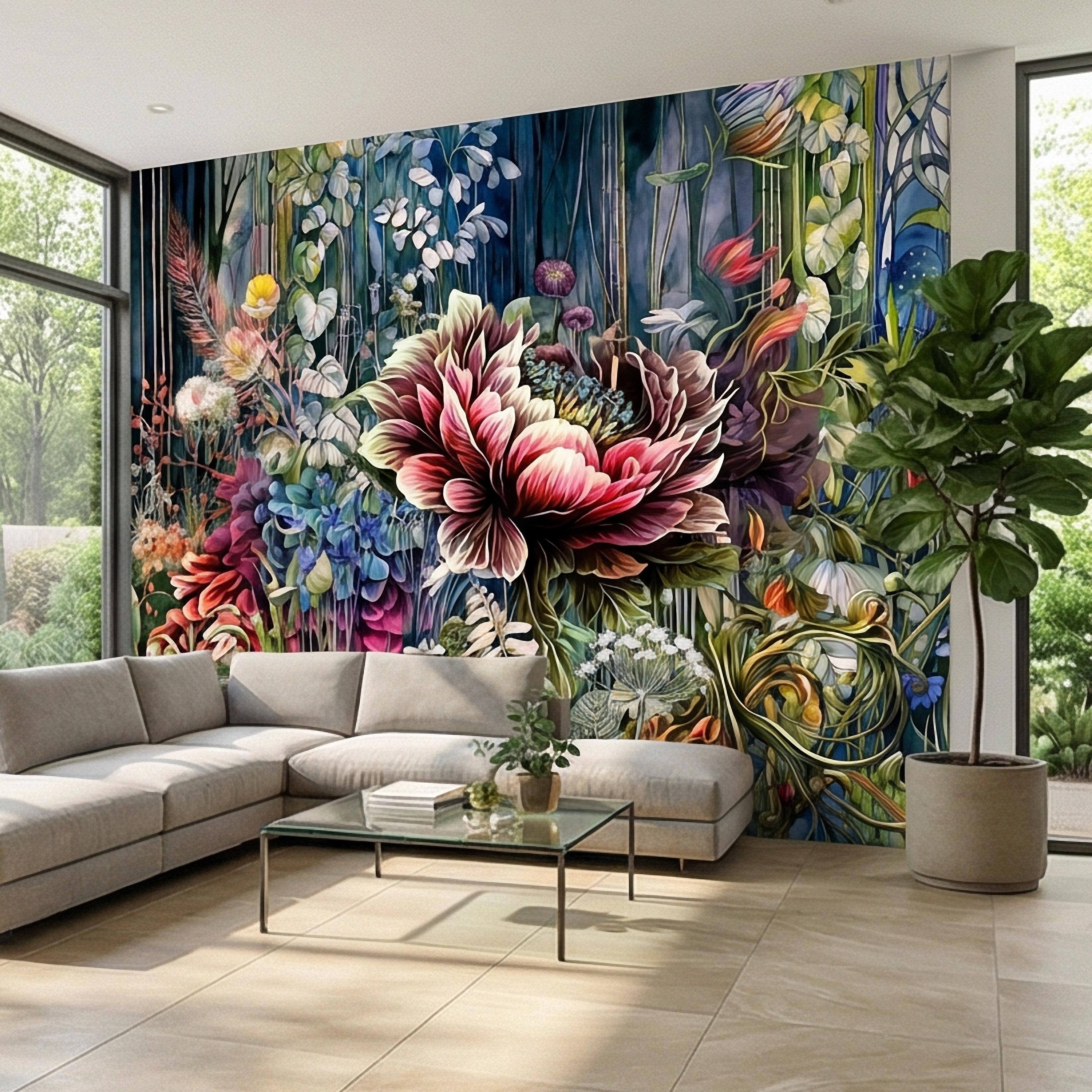 Abstract Floral Peel and Stick Wall Mural, Bold Botanical Bloom, Colorful Artistic Garden, Maximalist Nature Wallpaper