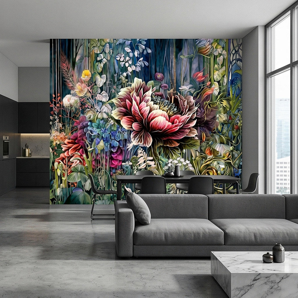 Abstract Floral Peel and Stick Wall Mural, Bold Botanical Bloom, Colorful Artistic Garden, Maximalist Nature Wallpaper