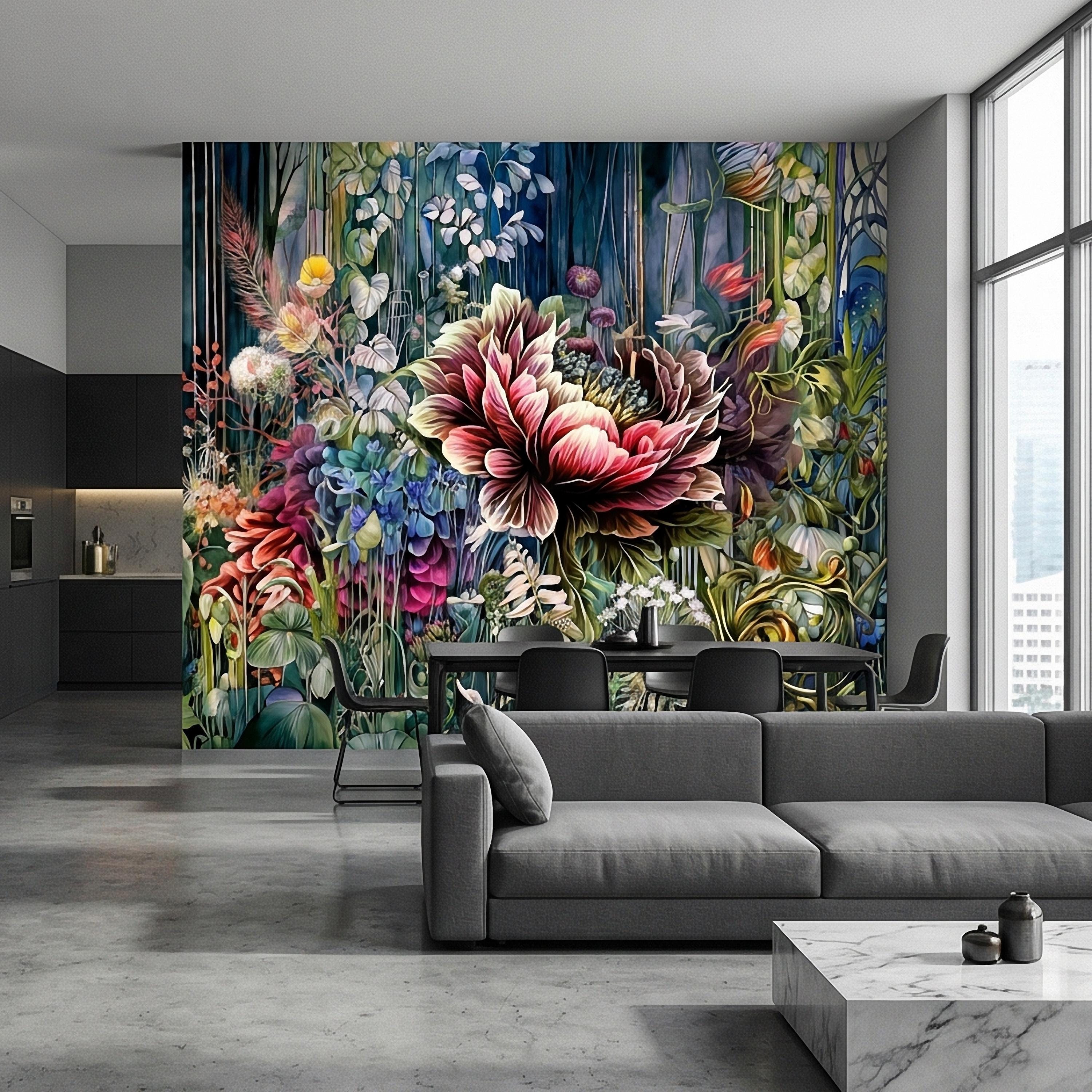 Abstract Floral Peel and Stick Wall Mural, Bold Botanical Bloom, Colorful Artistic Garden, Maximalist Nature Wallpaper