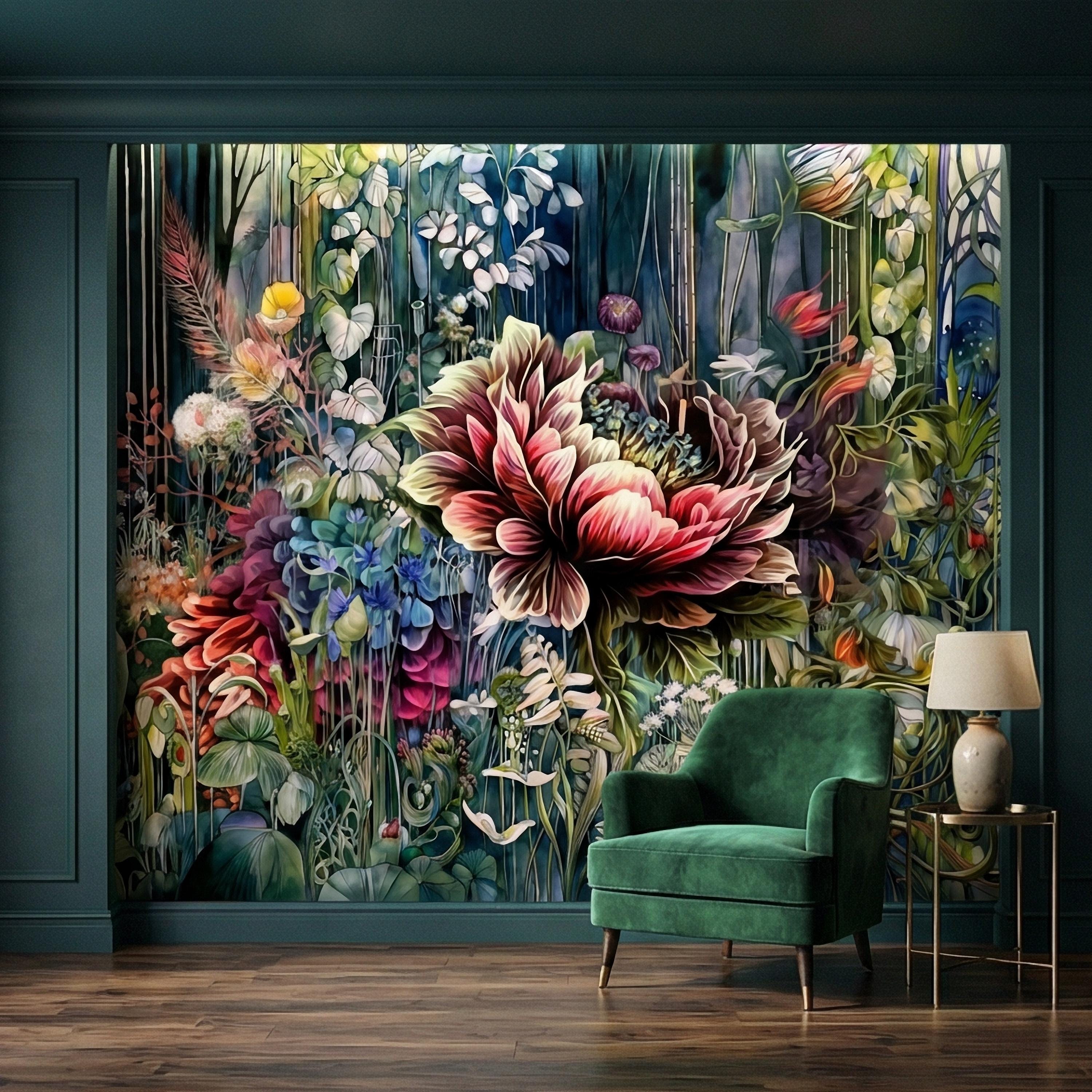 Abstract Floral Peel and Stick Wall Mural, Bold Botanical Bloom, Colorful Artistic Garden, Maximalist Nature Wallpaper