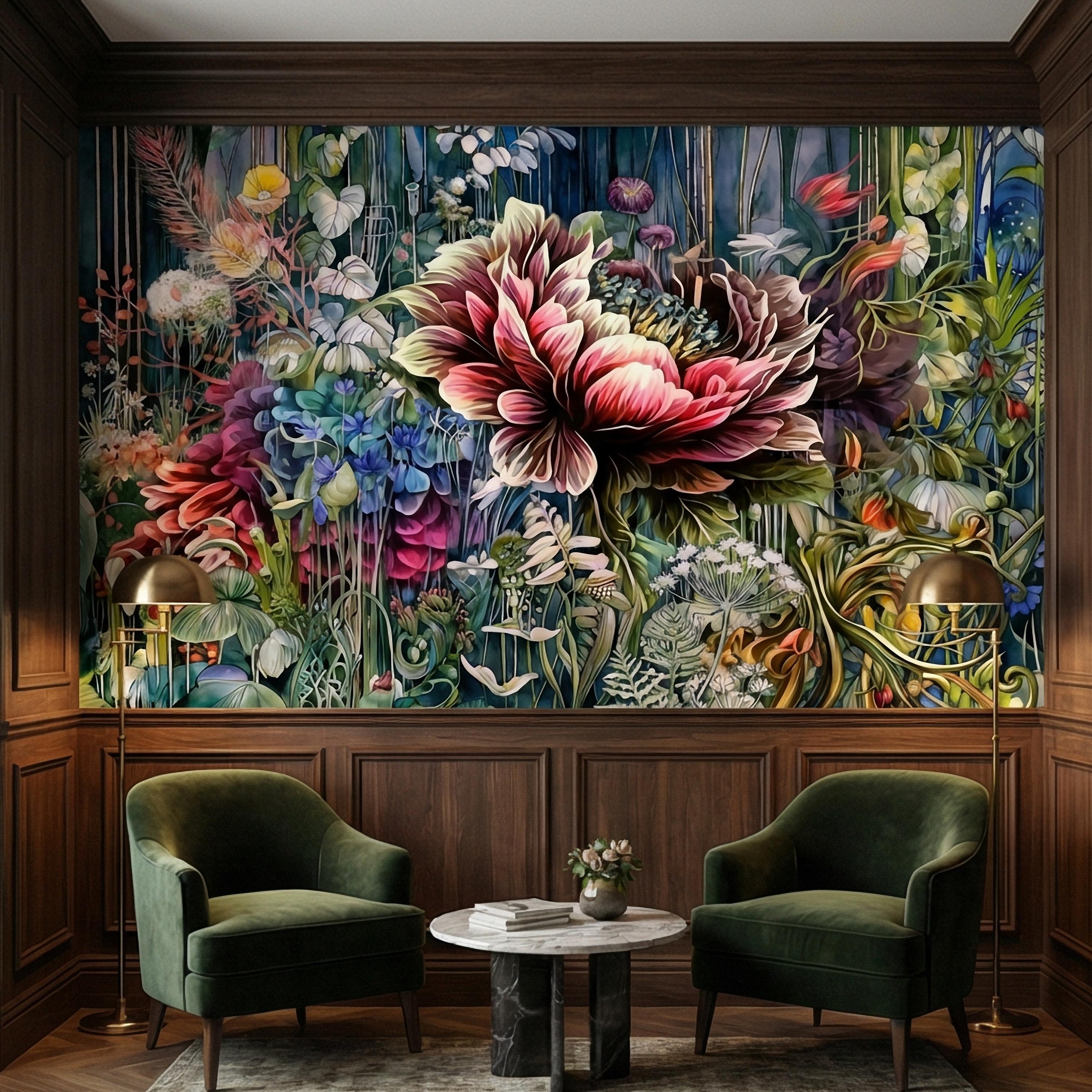 Abstract Floral Peel and Stick Wall Mural, Bold Botanical Bloom, Colorful Artistic Garden, Maximalist Nature Wallpaper