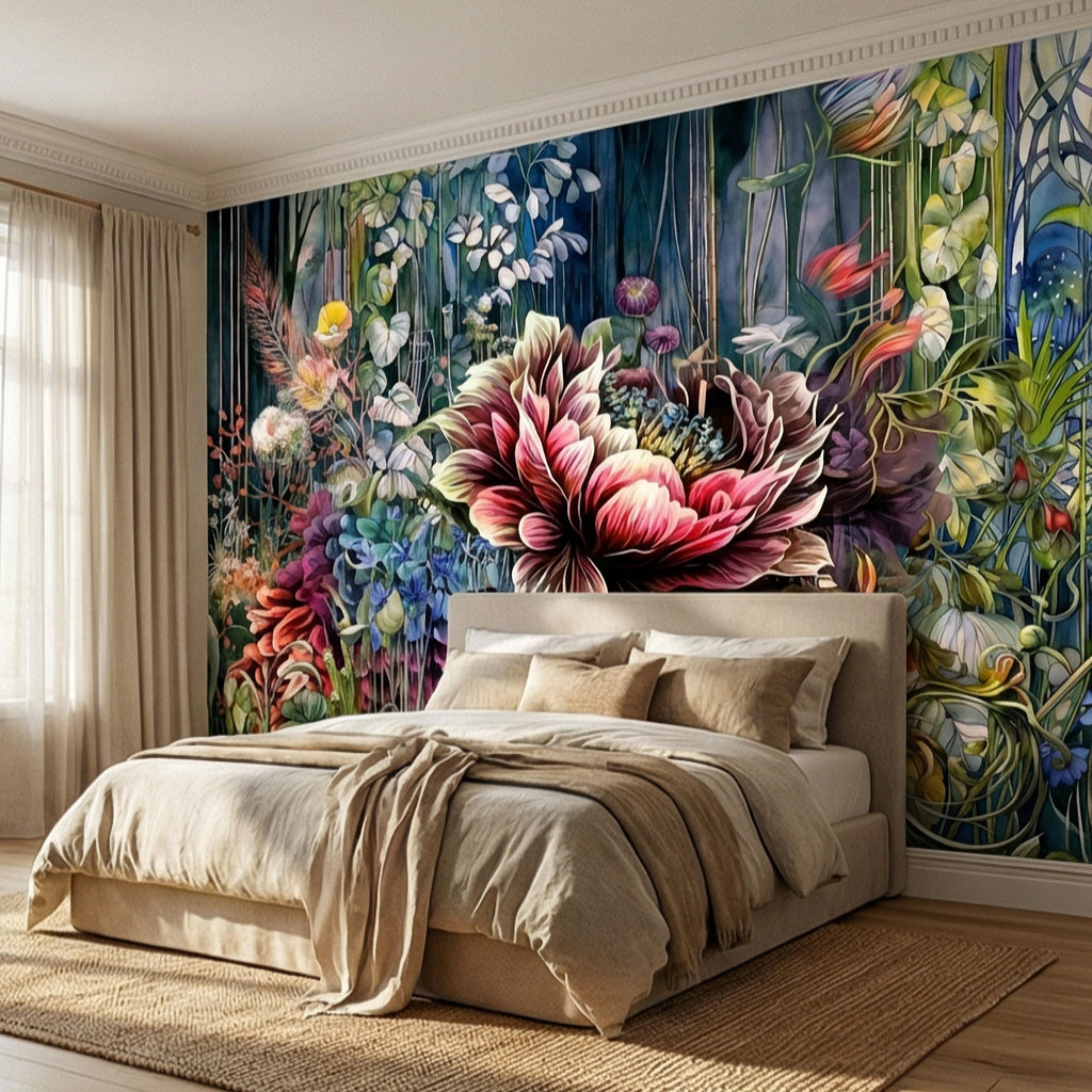 Abstract Floral Peel and Stick Wall Mural, Bold Botanical Bloom, Colorful Artistic Garden, Maximalist Nature Wallpaper