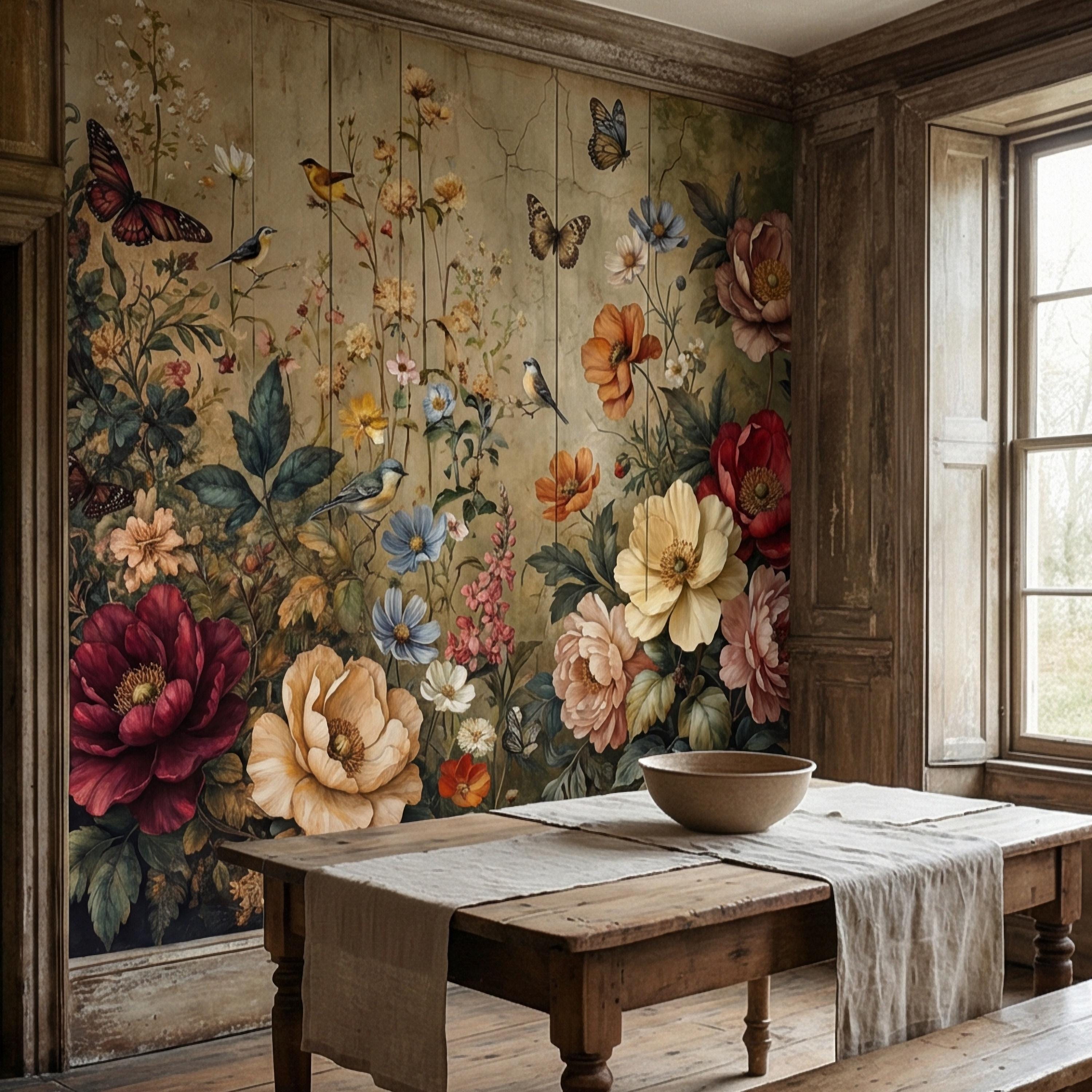 Vintage Floral Peel and Stick Wall Mural, Bird and Butterfly Botanical, Moody Cottage Garden, Antique Bloom Wallpaper