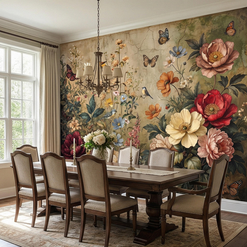 Vintage Floral Peel and Stick Wall Mural, Bird and Butterfly Botanical, Moody Cottage Garden, Antique Bloom Wallpaper