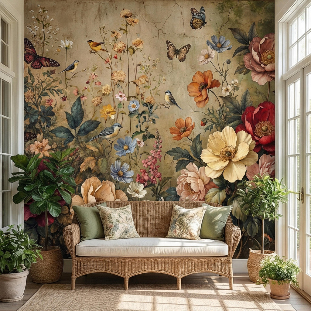 Vintage Floral Peel and Stick Wall Mural, Bird and Butterfly Botanical, Moody Cottage Garden, Antique Bloom Wallpaper