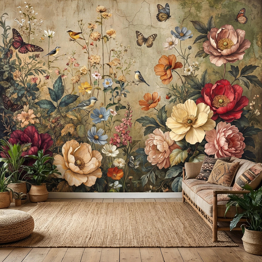 Vintage Floral Peel and Stick Wall Mural, Bird and Butterfly Botanical, Moody Cottage Garden, Antique Bloom Wallpaper