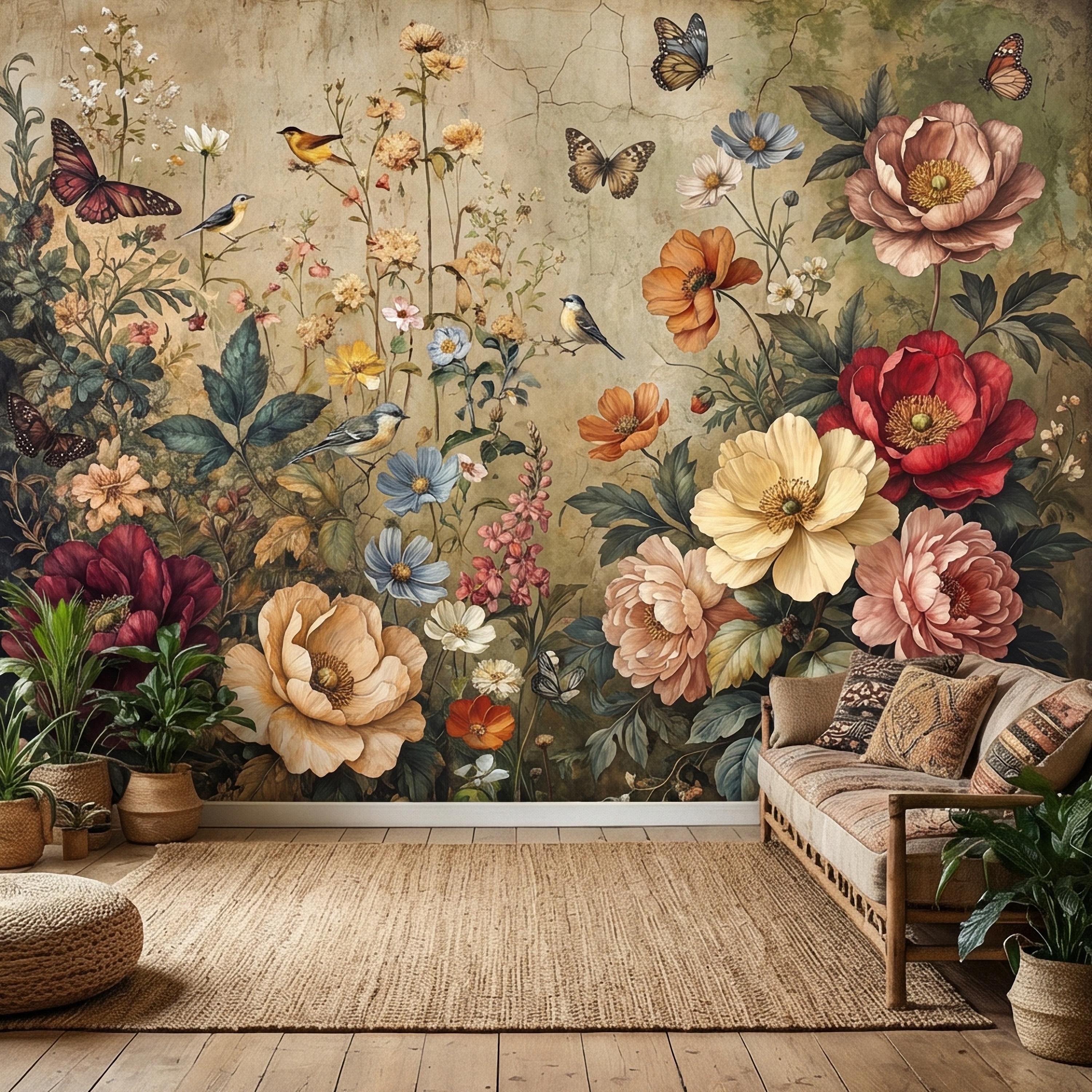 Vintage Floral Peel and Stick Wall Mural, Bird and Butterfly Botanical, Moody Cottage Garden, Antique Bloom Wallpaper