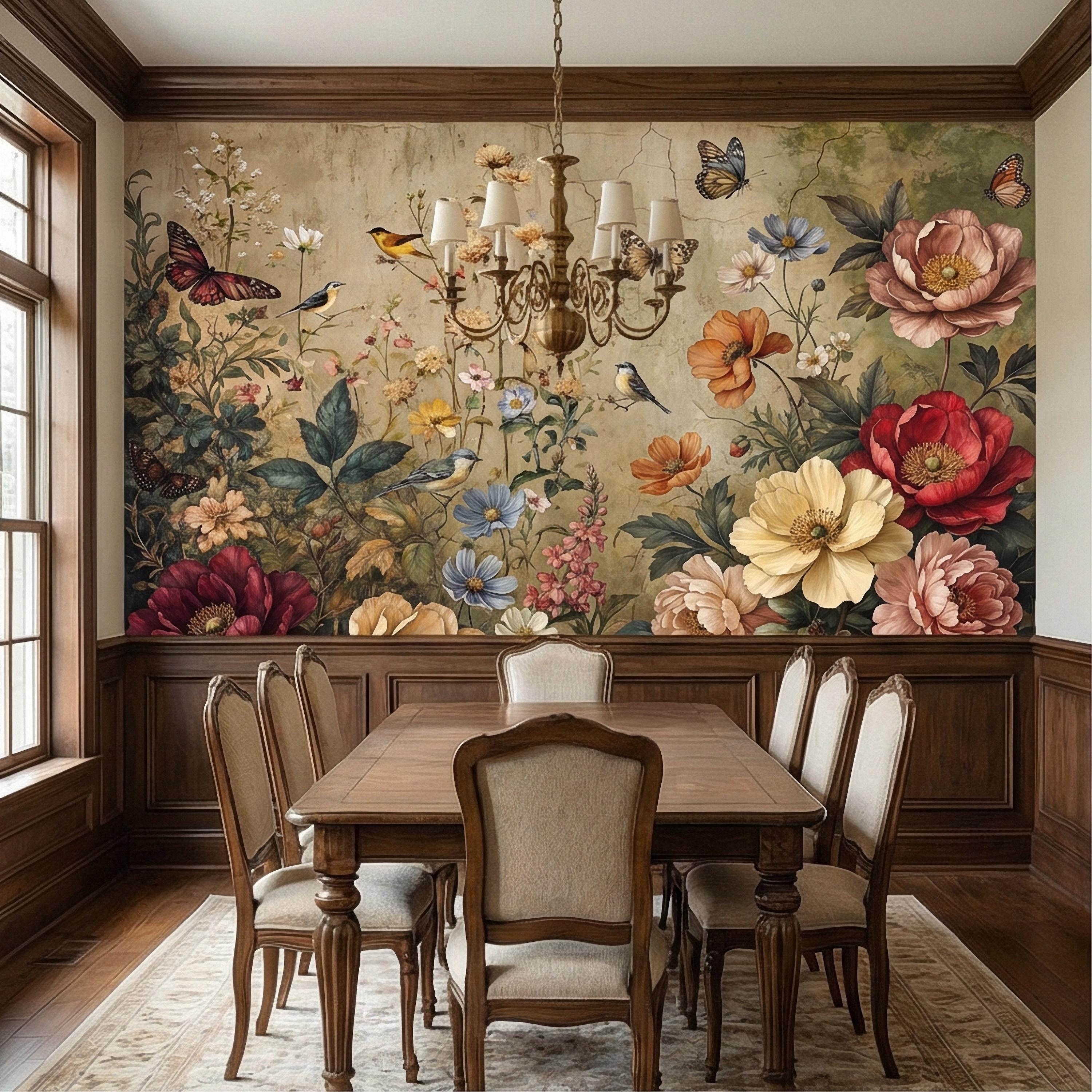 Vintage Floral Peel and Stick Wall Mural, Bird and Butterfly Botanical, Moody Cottage Garden, Antique Bloom Wallpaper